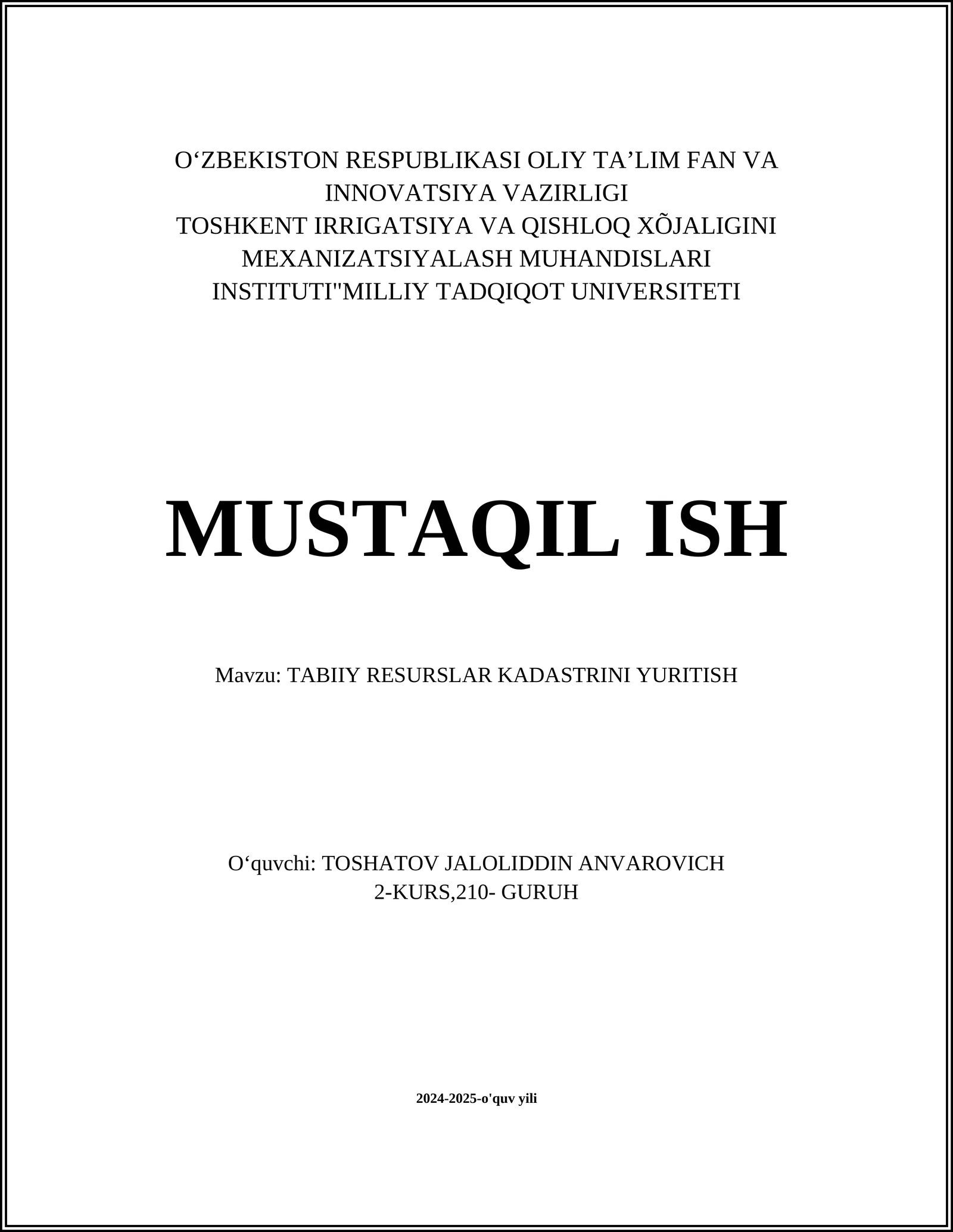 Tabiiy Resurslarni Inventarizatsiya qilish