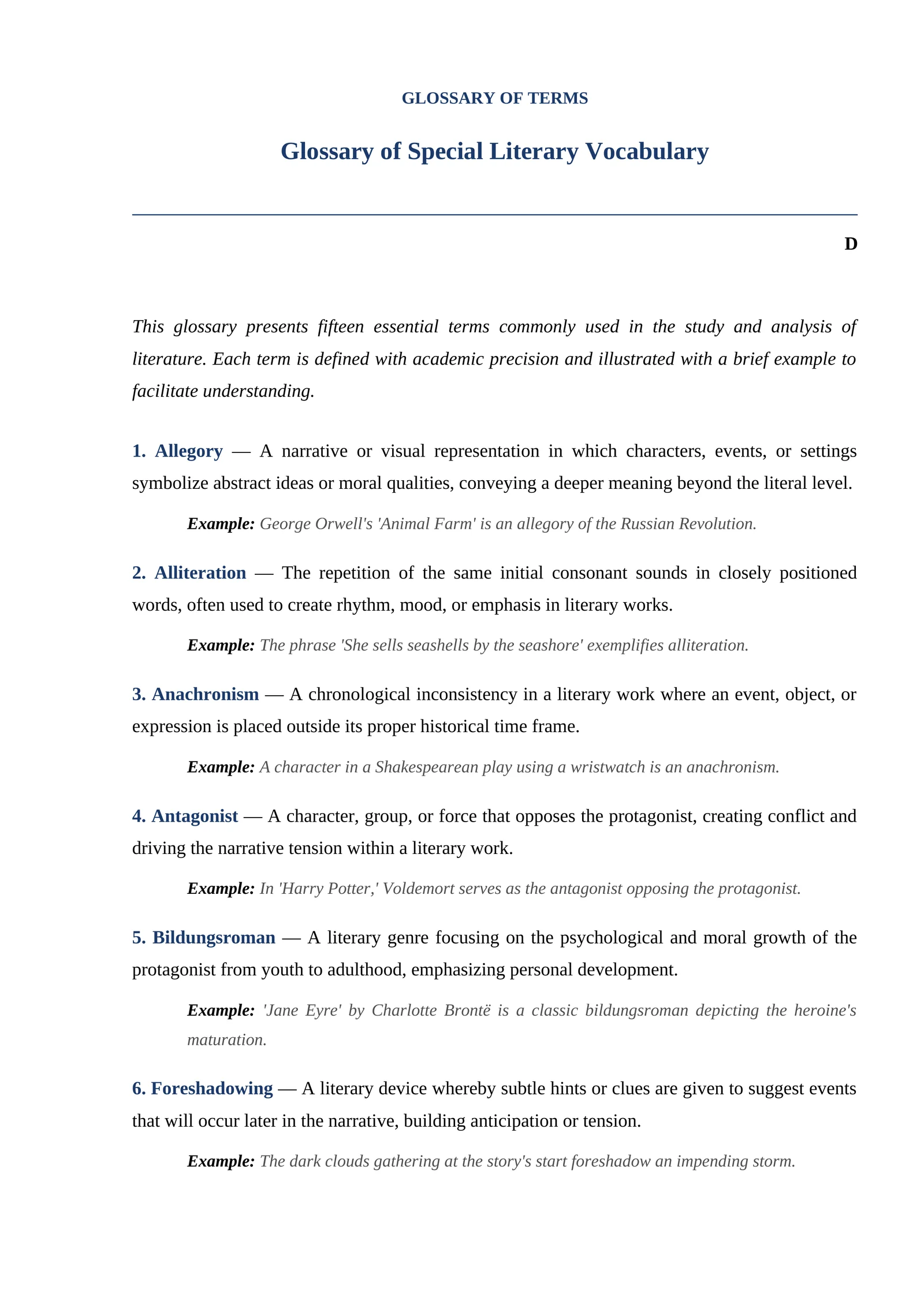 Glossary of Special Literary Vocabulary