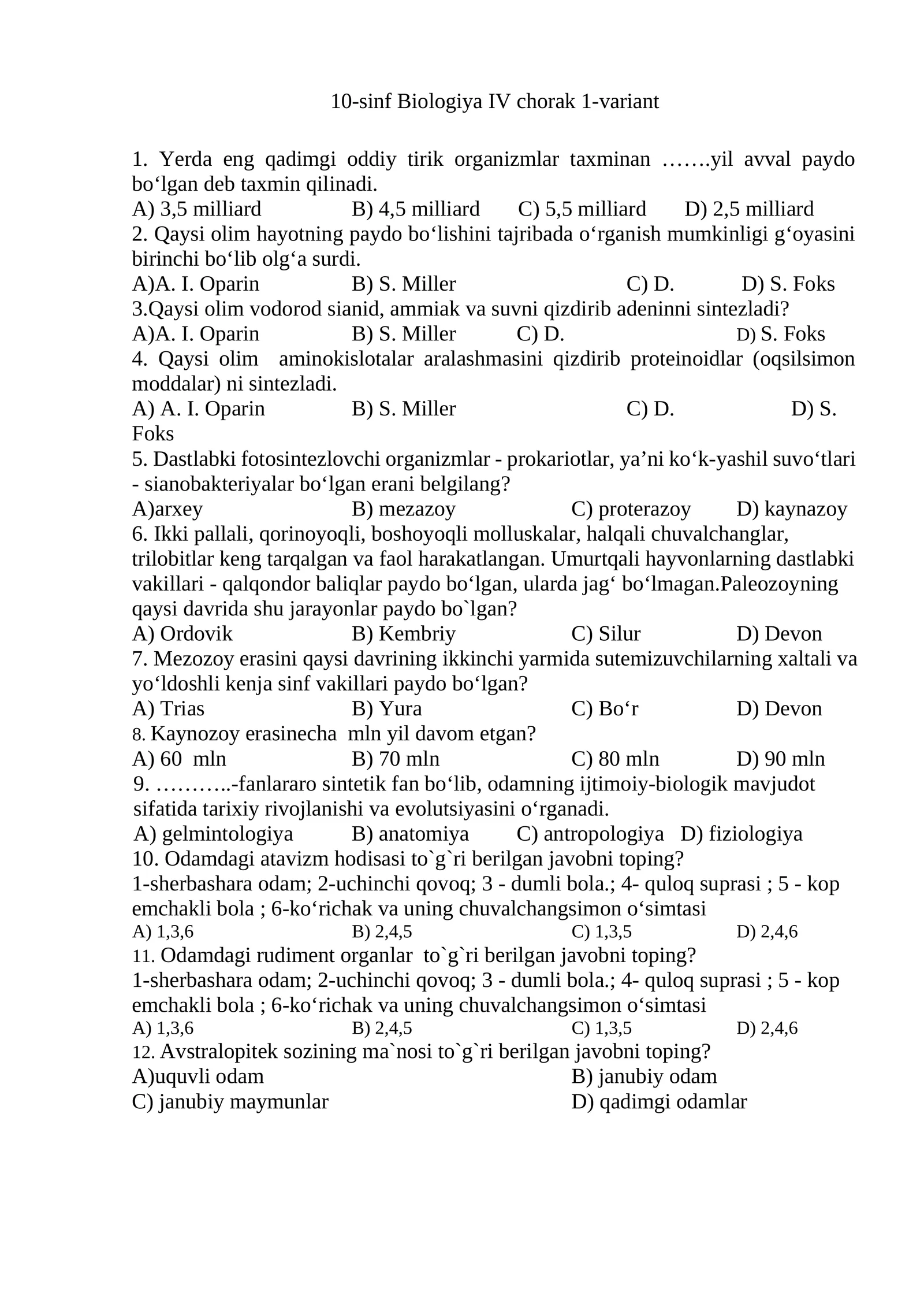 10-sinf Biologiya IV chorak 1-variant