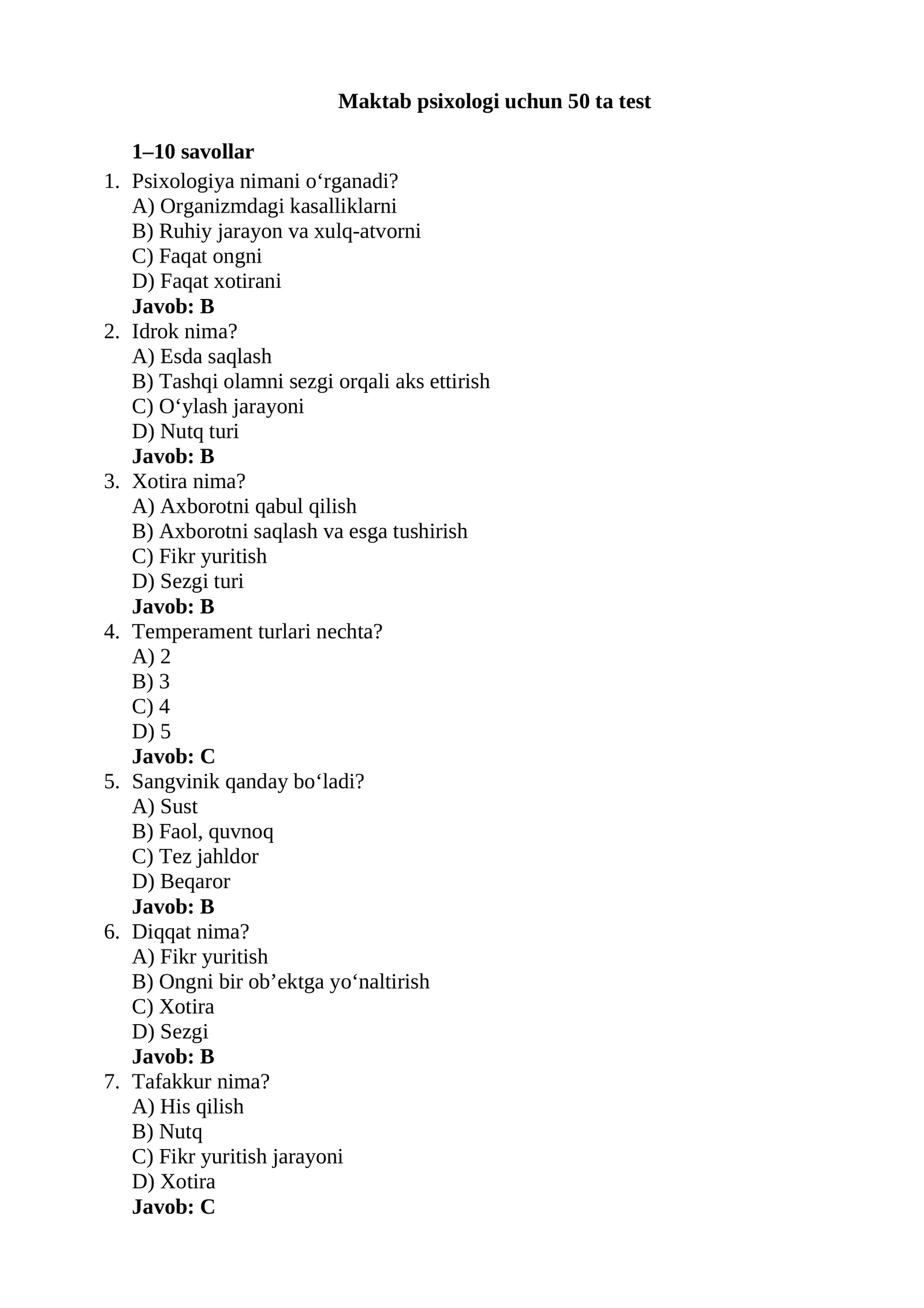 Maktab psixologi uchun 50 ta test