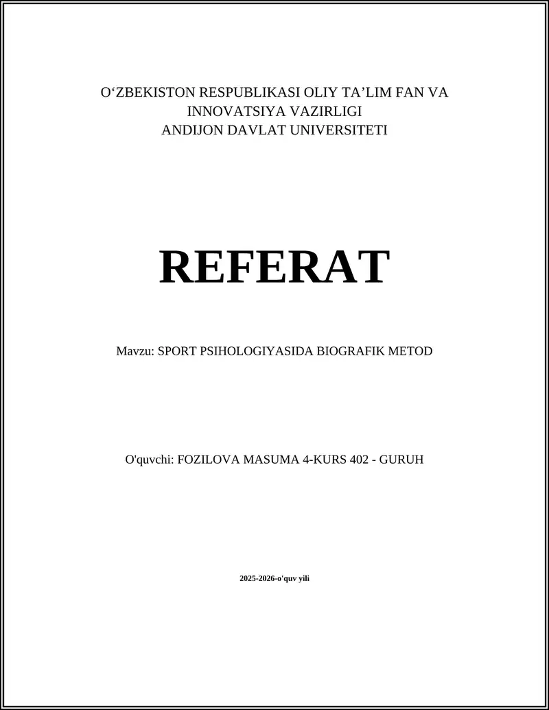SPORT PSIHOLOGIYASIDA BIOGRAFIK METOD