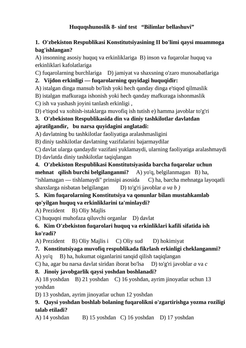 Huquqshunoslik 8- sinf test “Bilimlar bellashuvi”