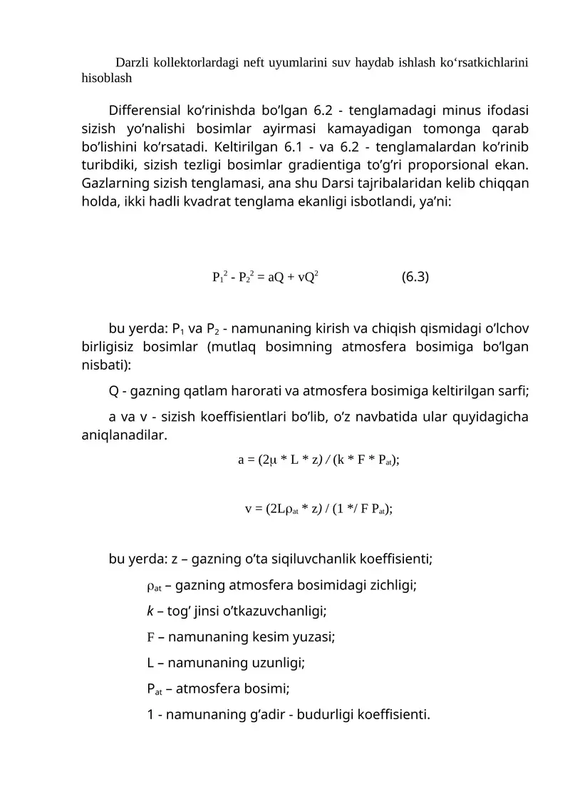 Darzli kollektorlardagi neft uyumlarini suv haydab ishlash ko‘rsatkichlarini hisoblash