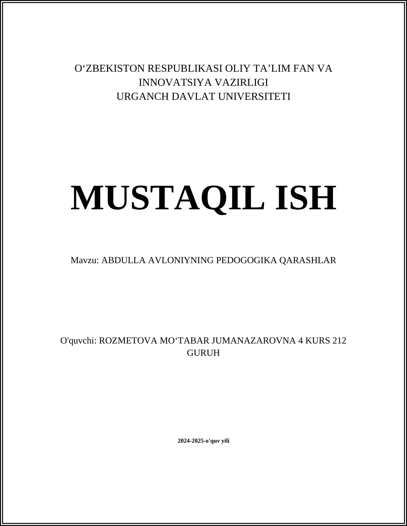 ABDULLA AVLONIYNING PEDOGOGIKA QARASHLAR