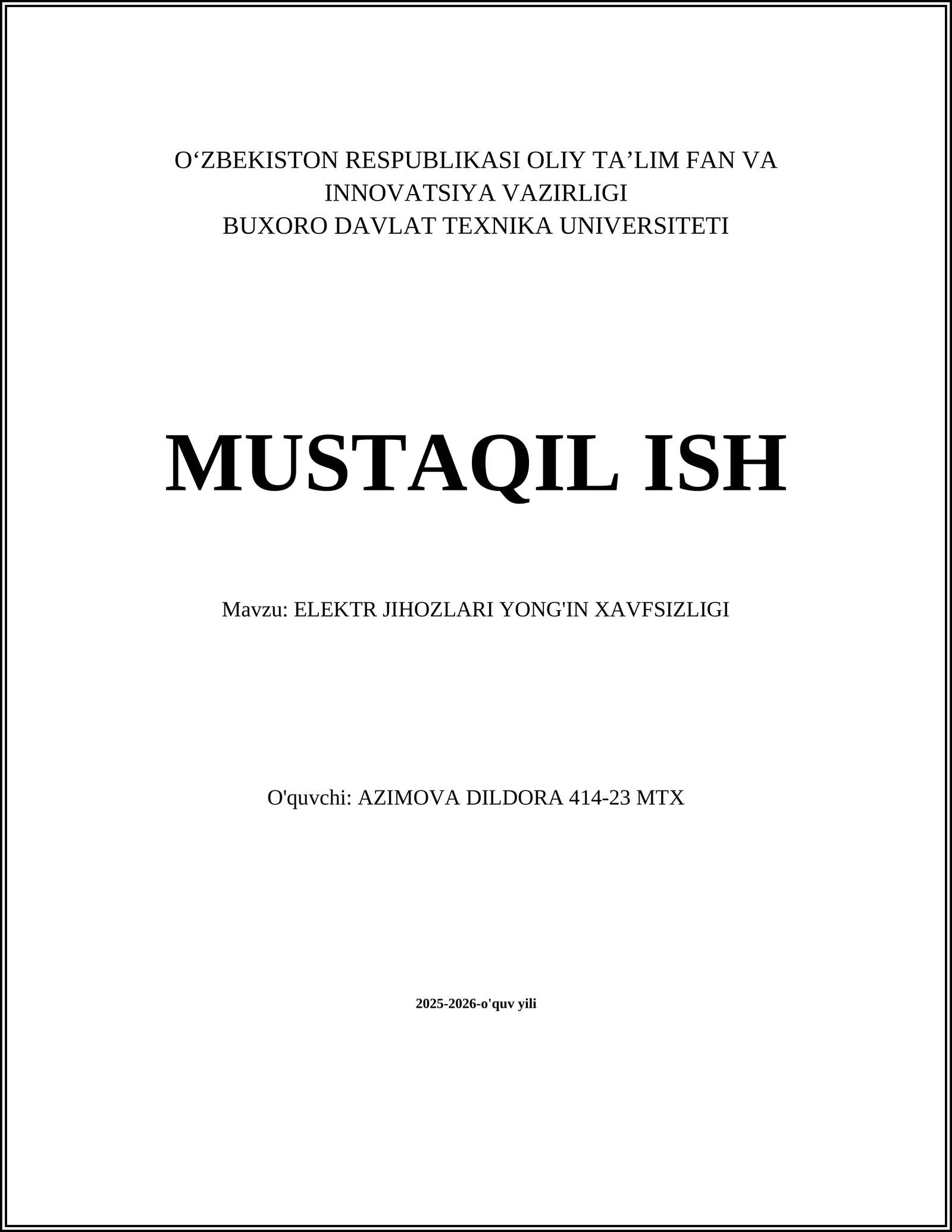 ELEKTR JIHOZLARI YONG'IN XAVFSIZLIGI