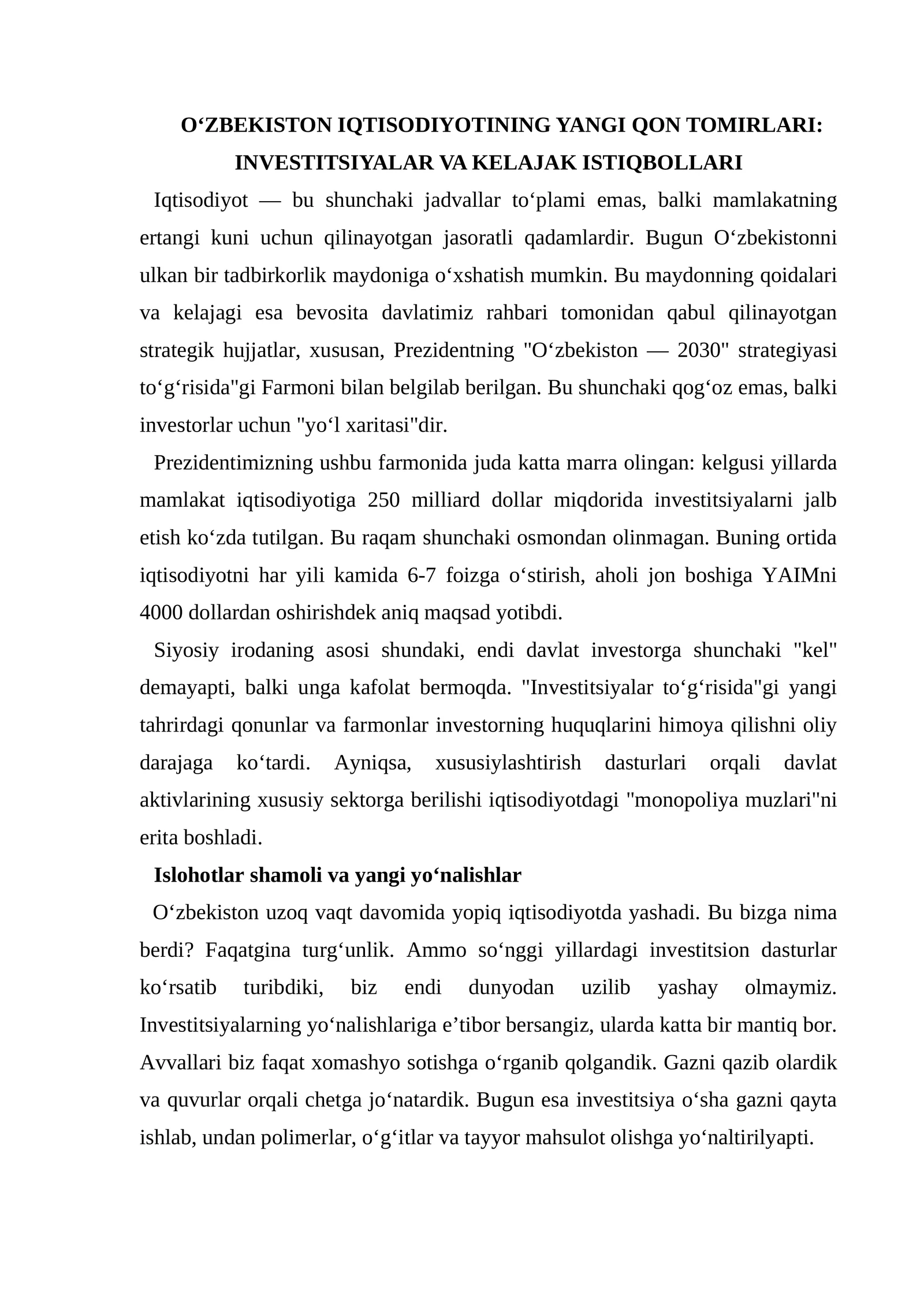 O‘zbekiston iqtisodiyotining yangi qon tomirlari: Investitsiyalar va kelajak istiqbollari
