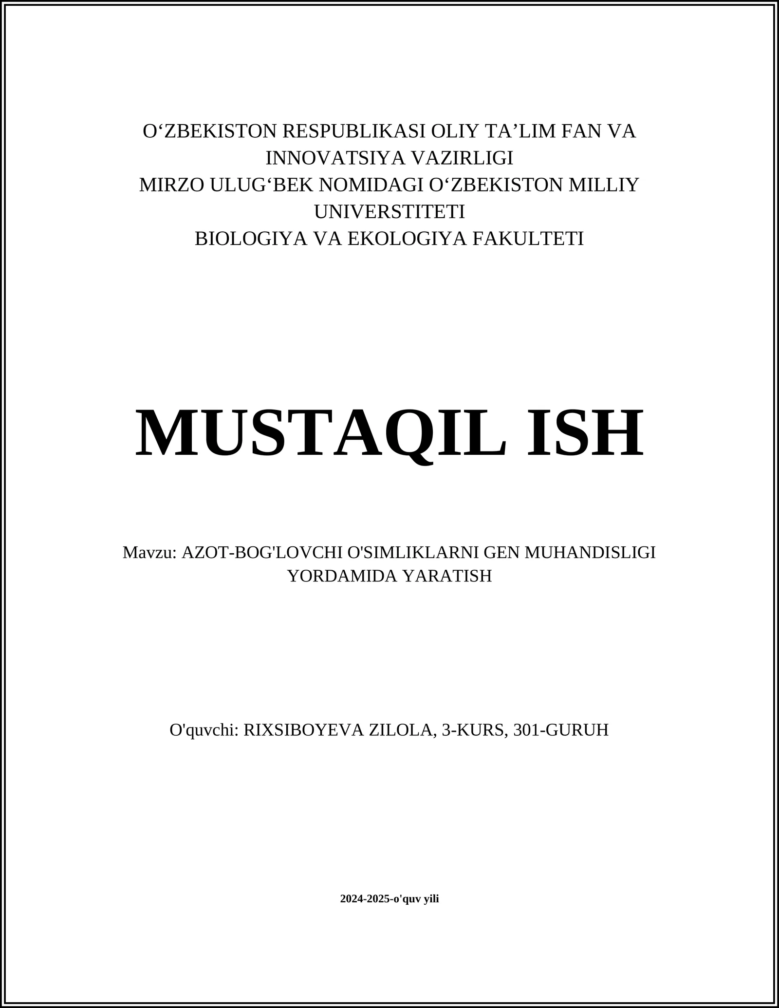 AZOT-BOG'LOVCHI O'SIMLIKLARNI GEN MUHANDISLIGI YORDAMIDA YARATISH