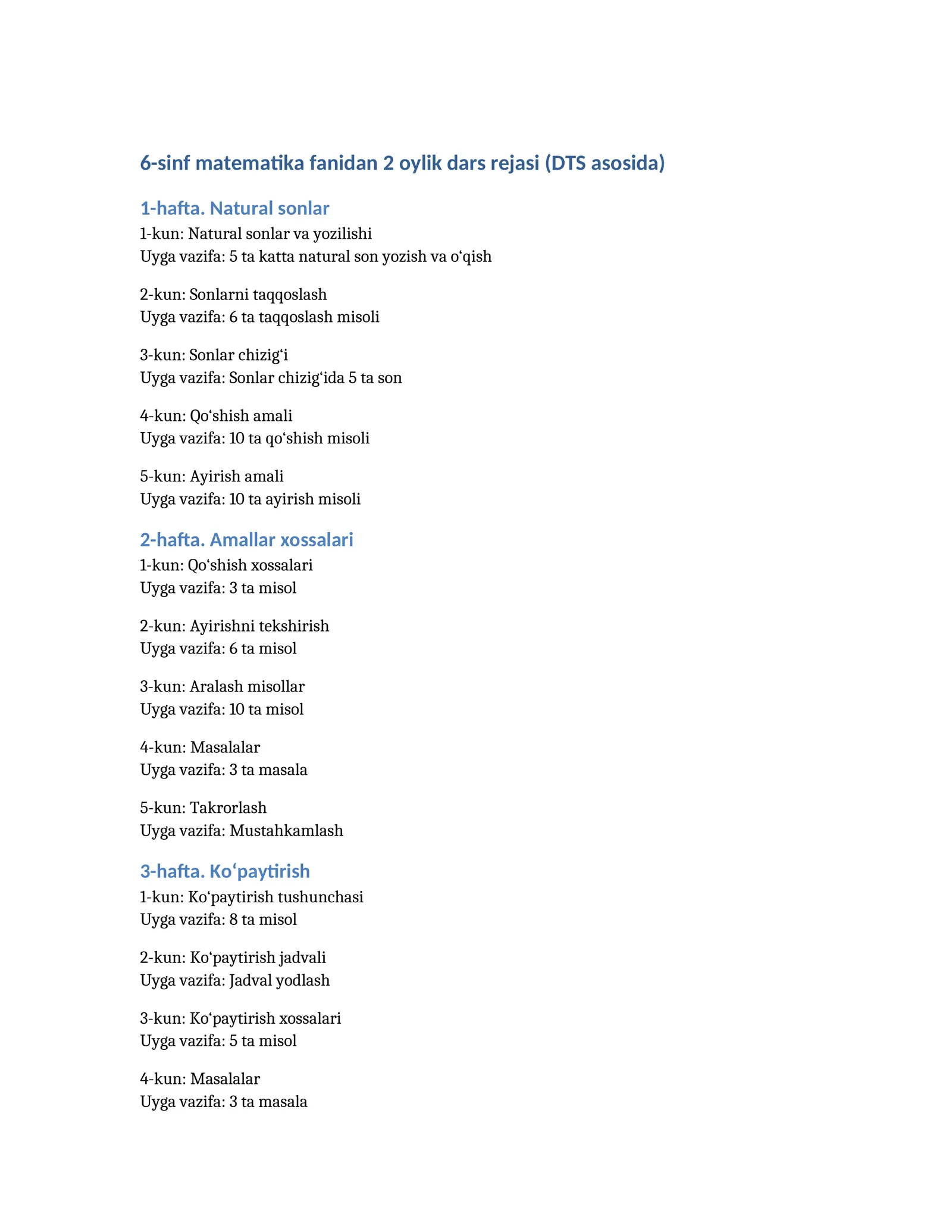 6-sinf matematika fanidan 2 oylik dars rejasi (DTS asosida)