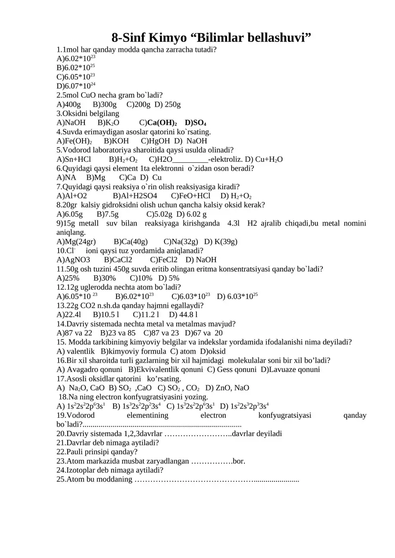 Sinf Kimyo “Bilimlar bellashuvi”