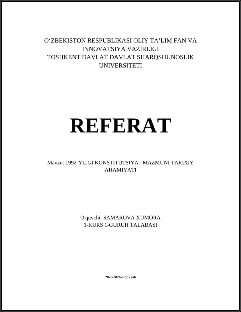1992-YILGI KONSTITUTSIYA: MAZMUNI TARIXIY AHAMIYATI