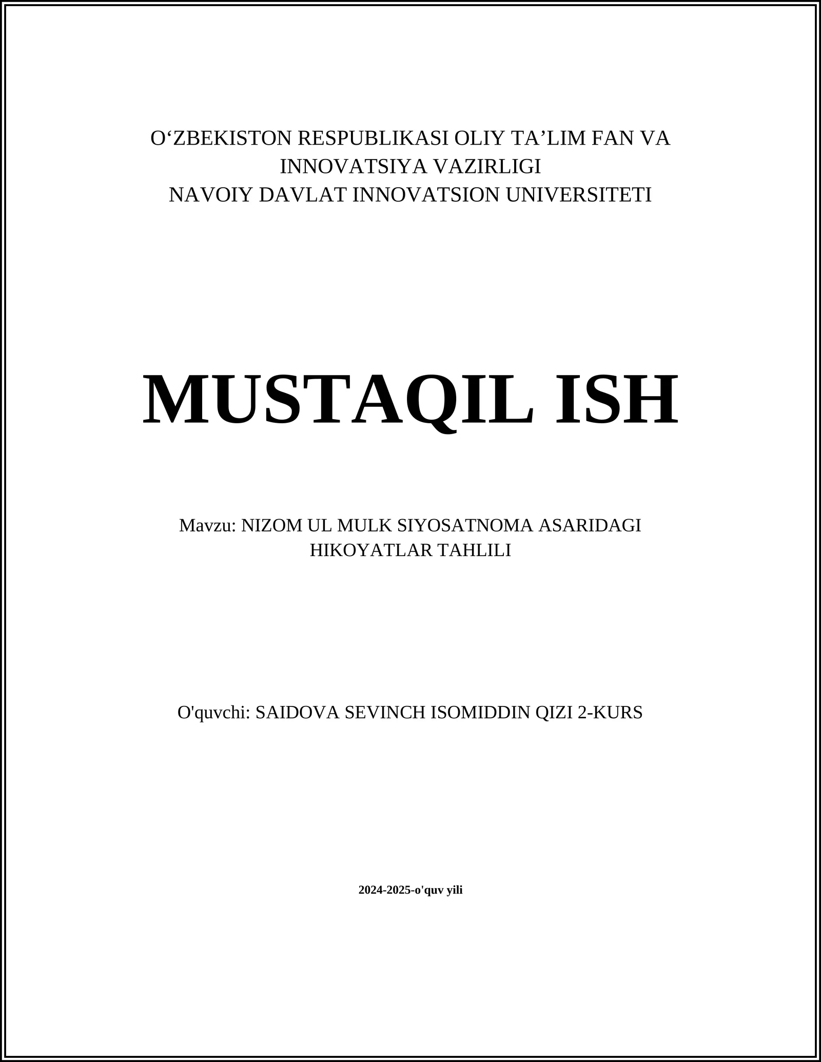 NIZOM UL MULK SIYOSATNOMA ASARIDAGI HIKOYATLAR TAHLILI
