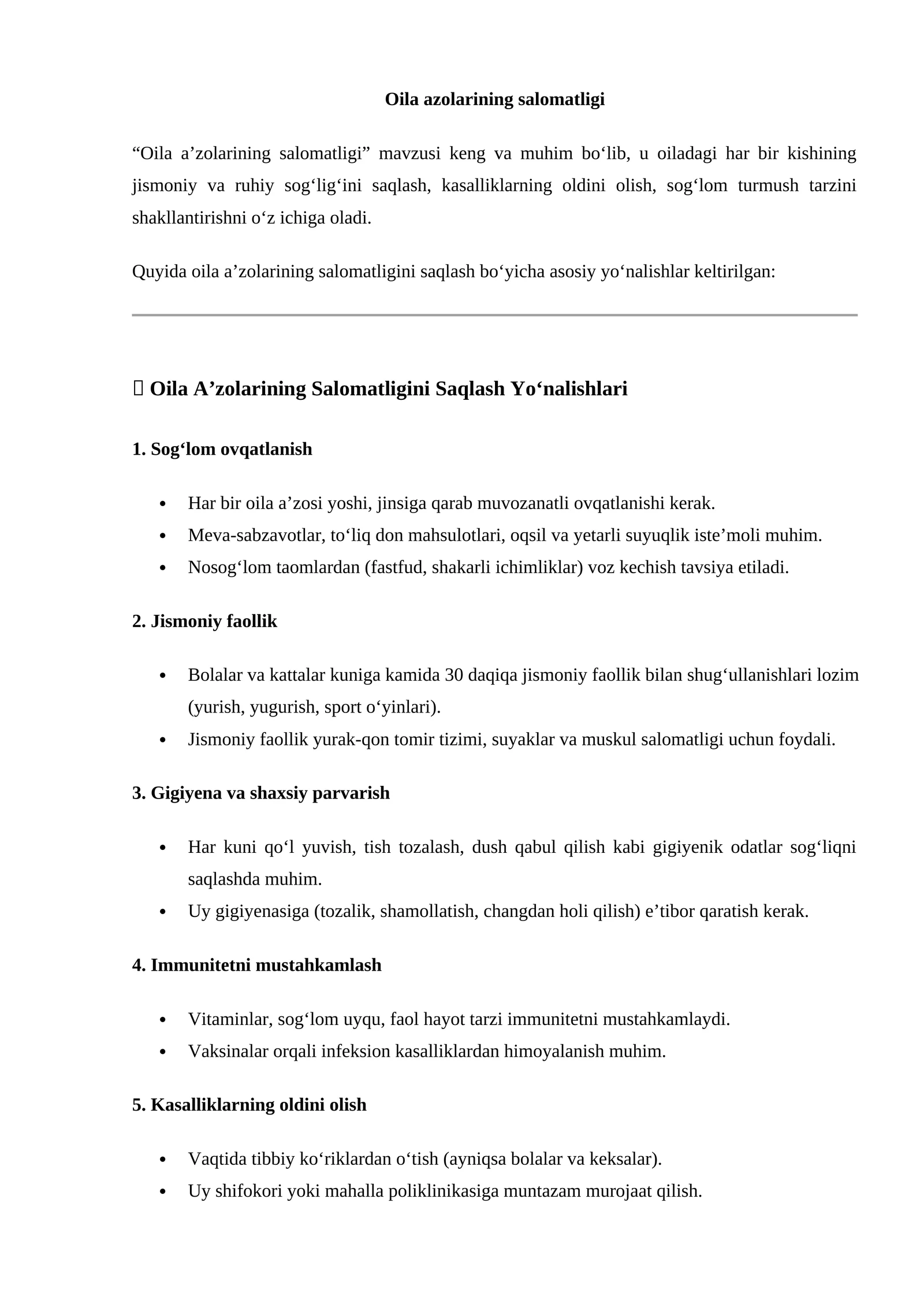 Oila azolarining salomatligi