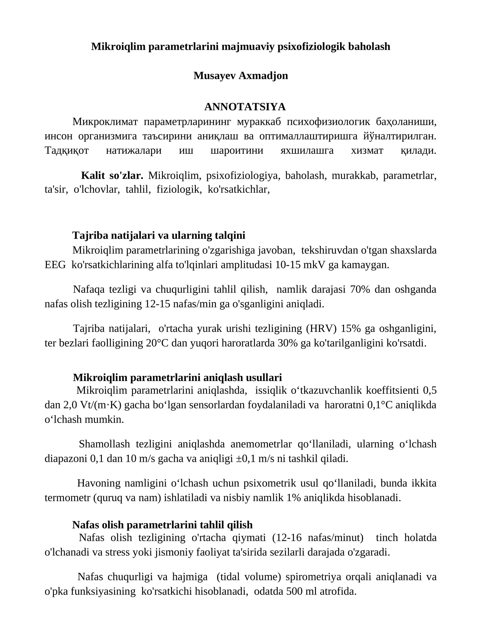 Mikroiqlim parametrlarini majmuaviy psixofiziologik baholash