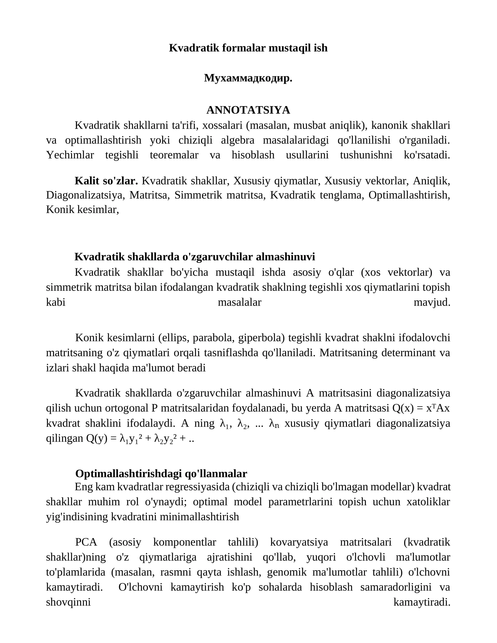 Kvadratik shakllar va matritsalar