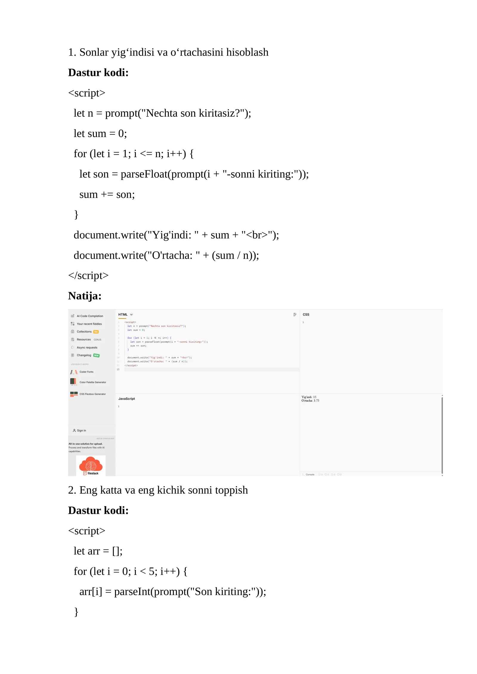 Mantiqiy elementlar masalalari javascript