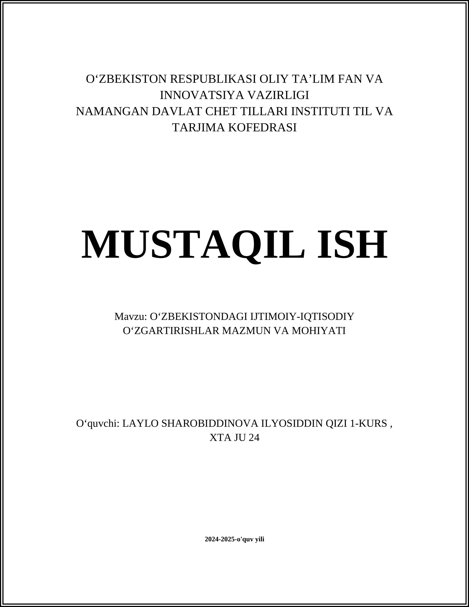 OʻZBEKISTONDAGI IJTIMOIY-IQTISODIY OʻZGARTIRISHLAR MAZMUN VA MOHIYATI