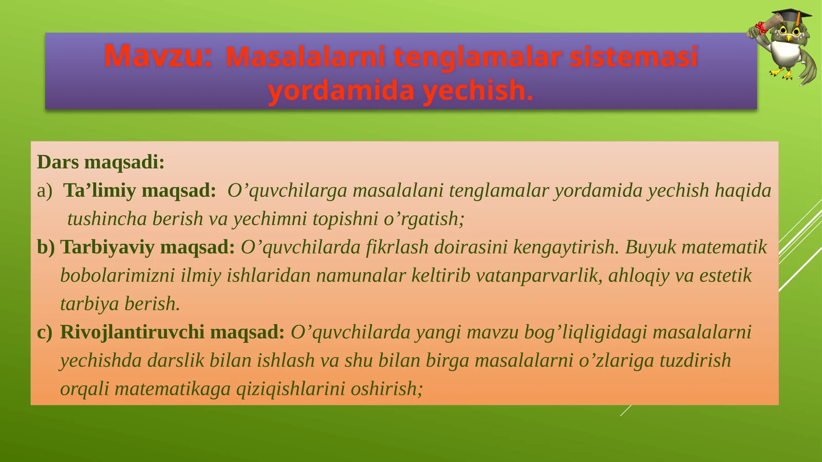 Masalalarni tenglamalar sistemasi yordamida yechish