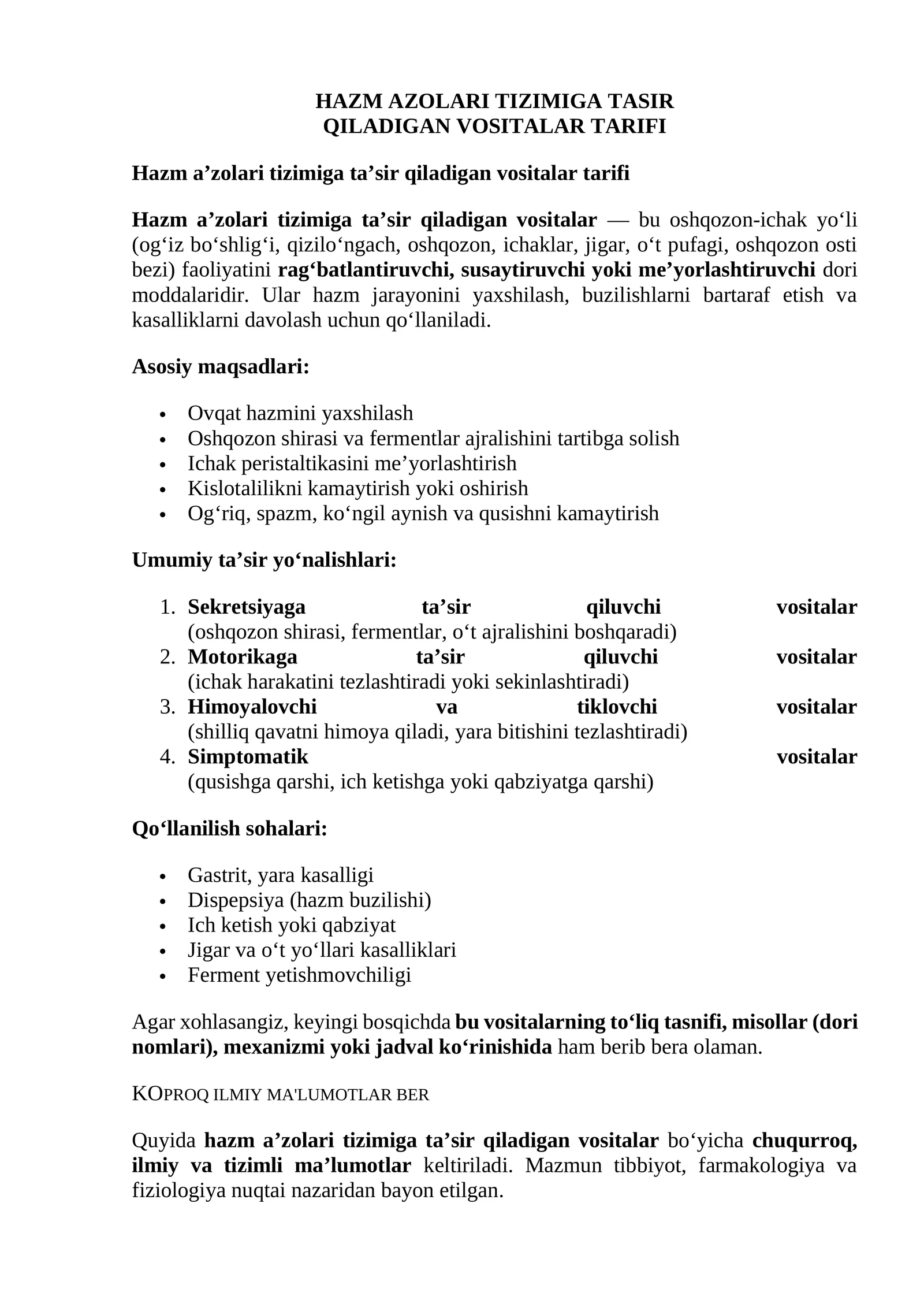 Hazm A'zolari Tizimiga Tasir Qiladigan Vositalar Tarifi