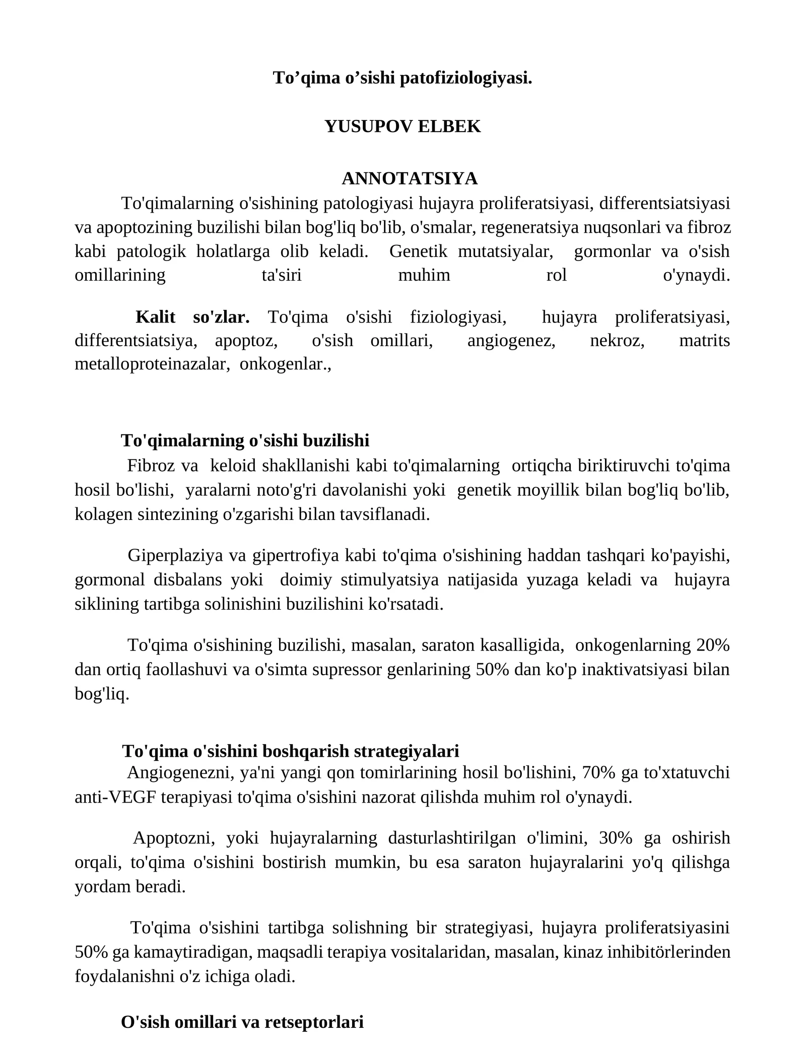 To’qima o’sishi patofiziologiyasi