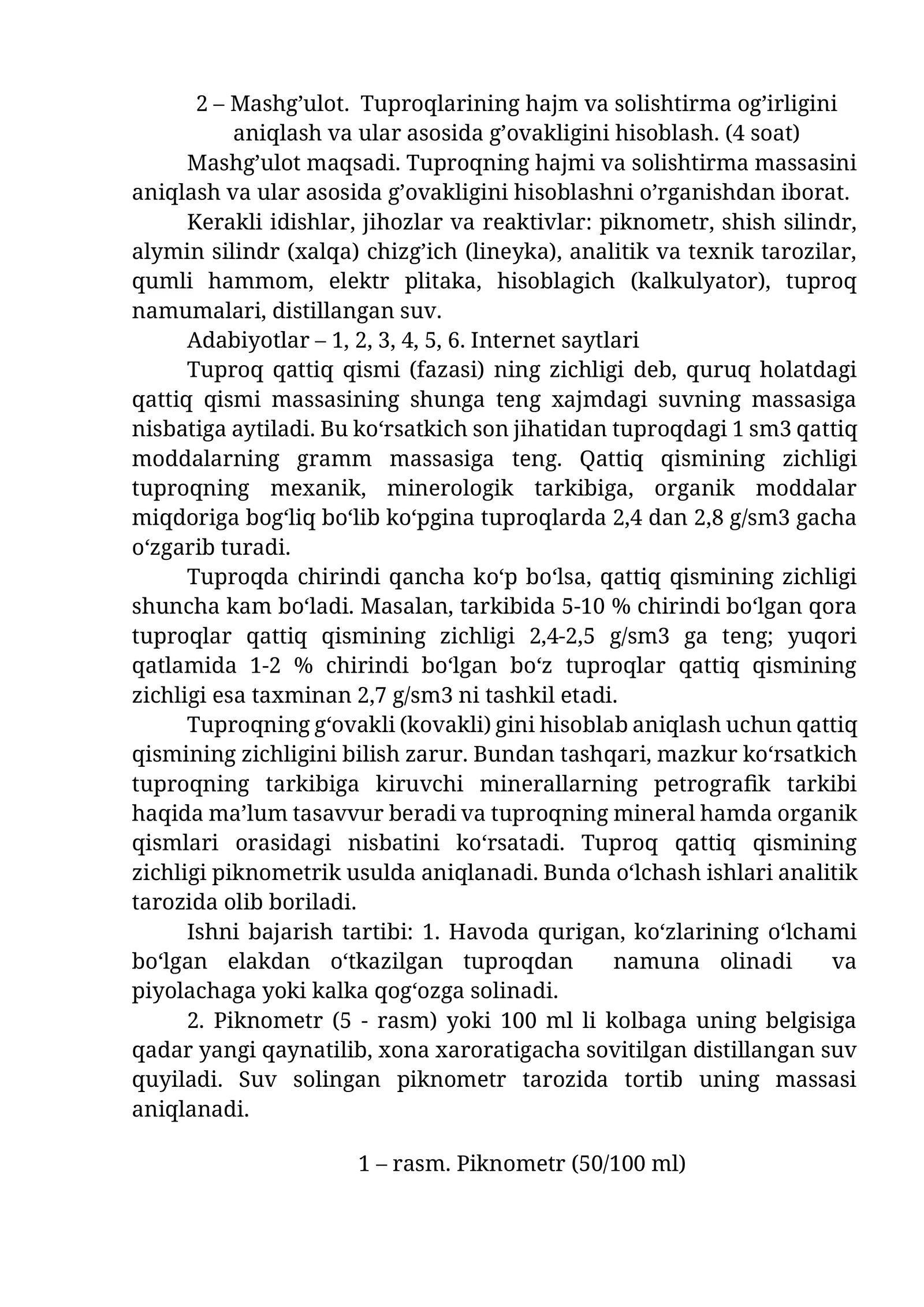 Tuproqlarining hajm va solishtirma og’irligini aniqlash