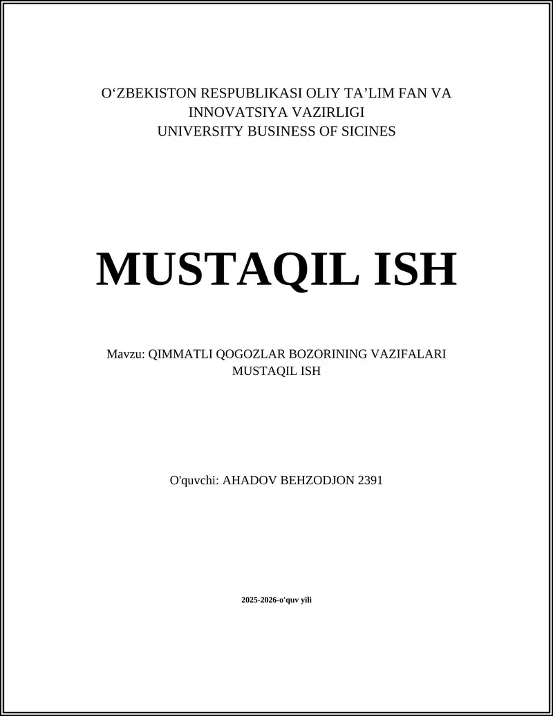 QIMMATLI QOGOZLAR BOZORINING VAZIFALARI