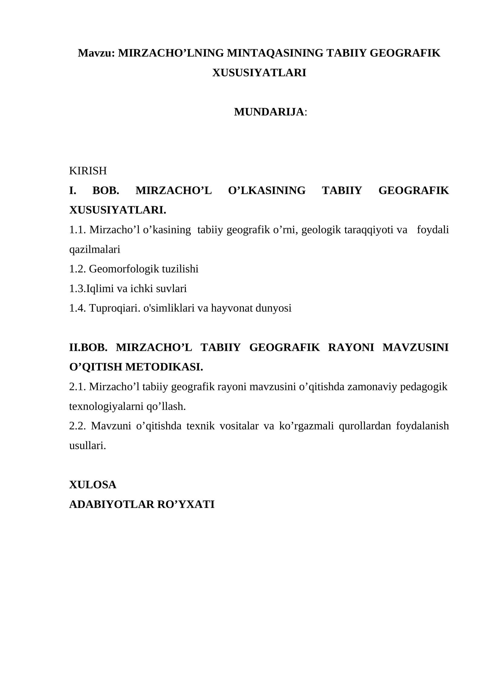 MIRZACHO’LNING MINTAQASINING TABIIY GEOGRAFIK XUSUSIYATLARI