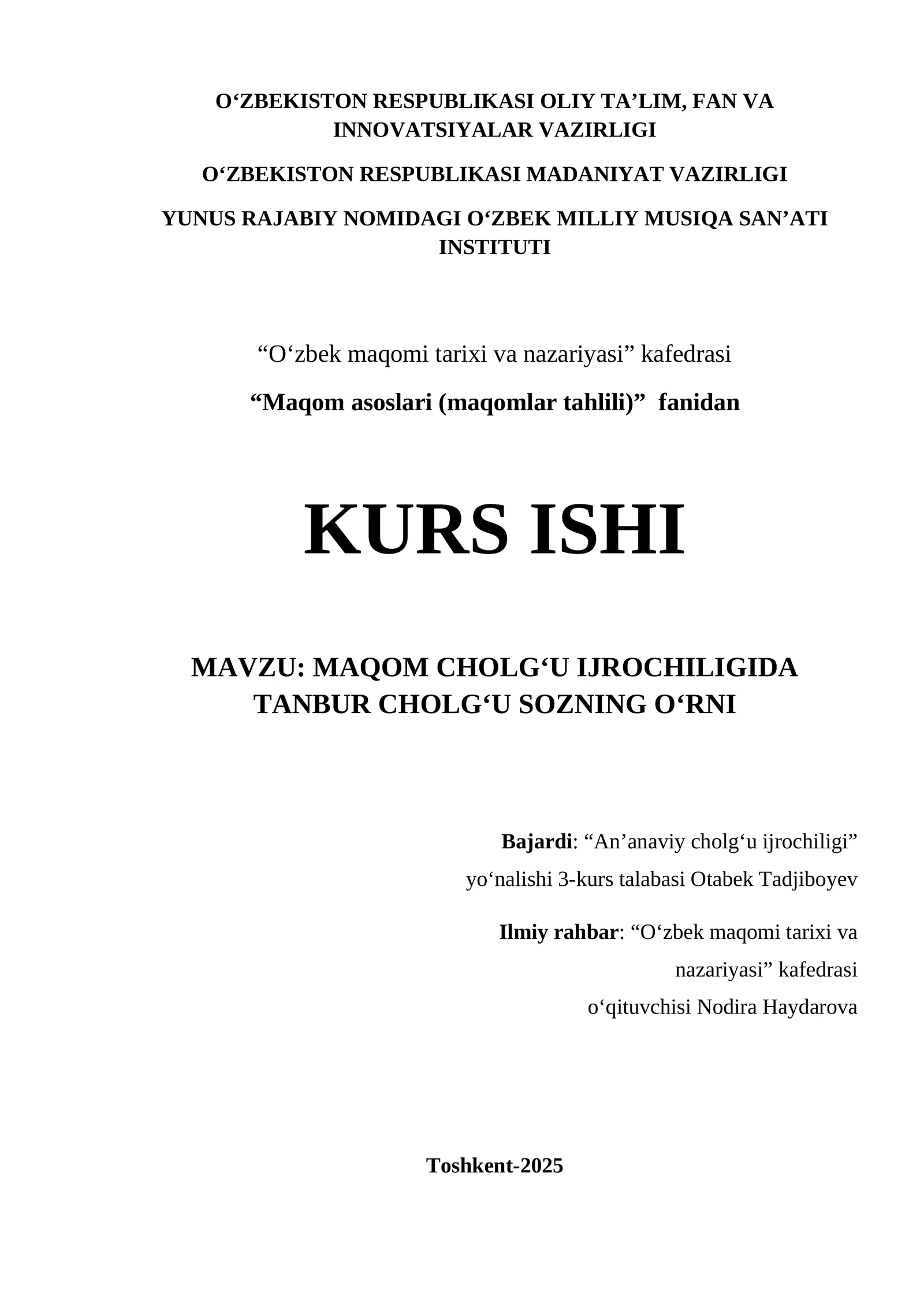 MAQOM CHOLG‘U IJROCHILIGIDA TANBUR CHOLG‘U SOZNING O‘RNI