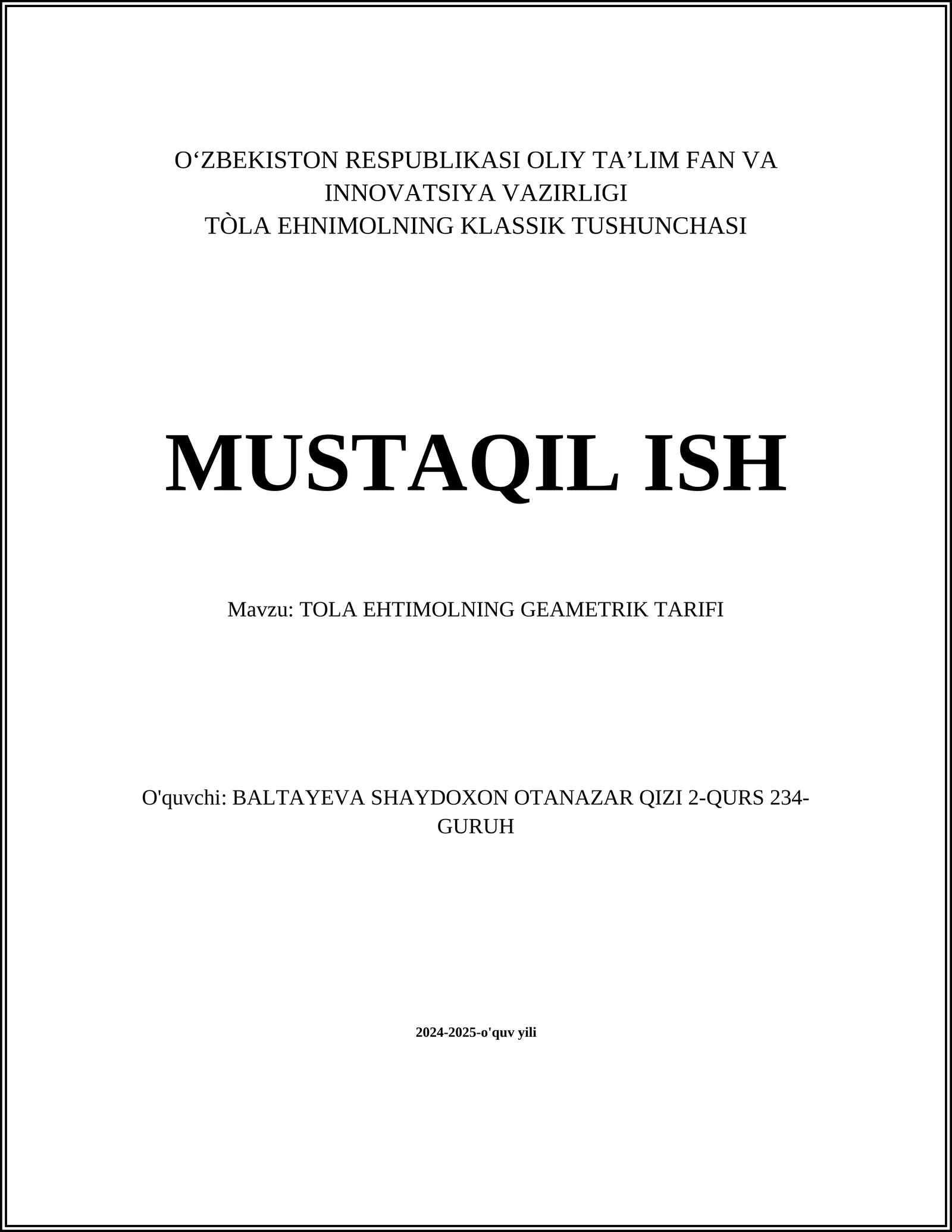 TÒLA EHNIMOLNING KLASSIK TUSHUNCHASI