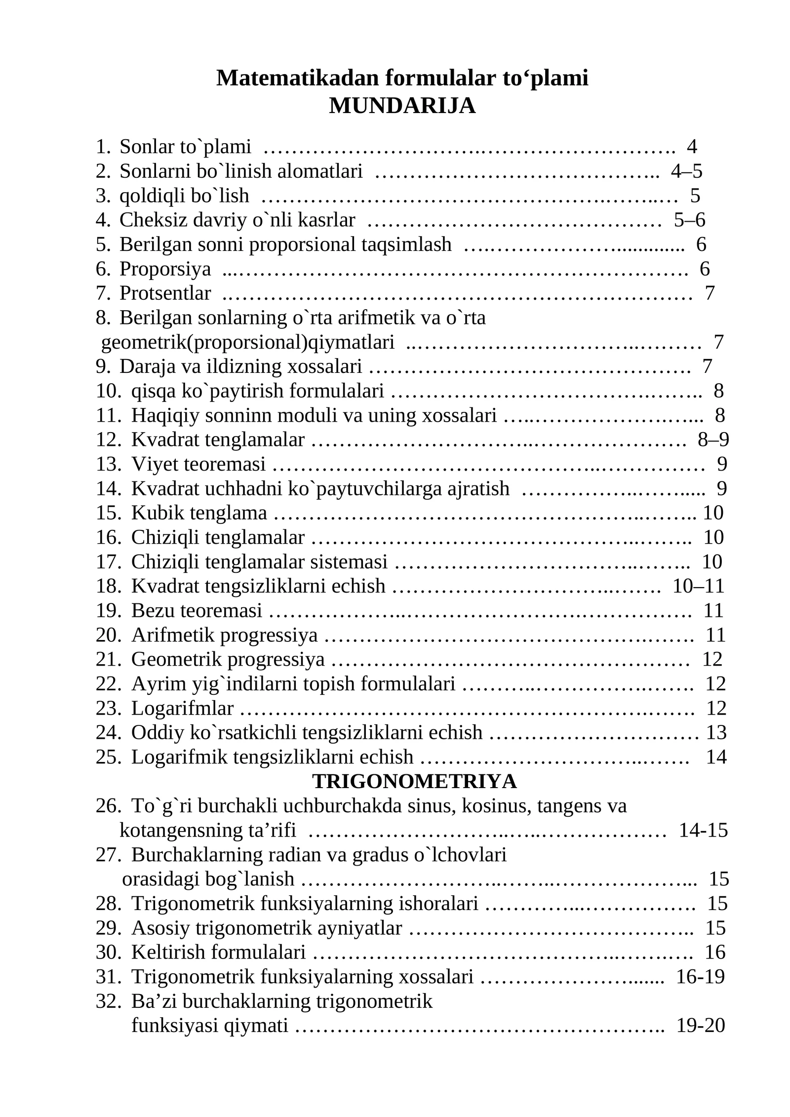 Matematikadan formulalar to‘plami
