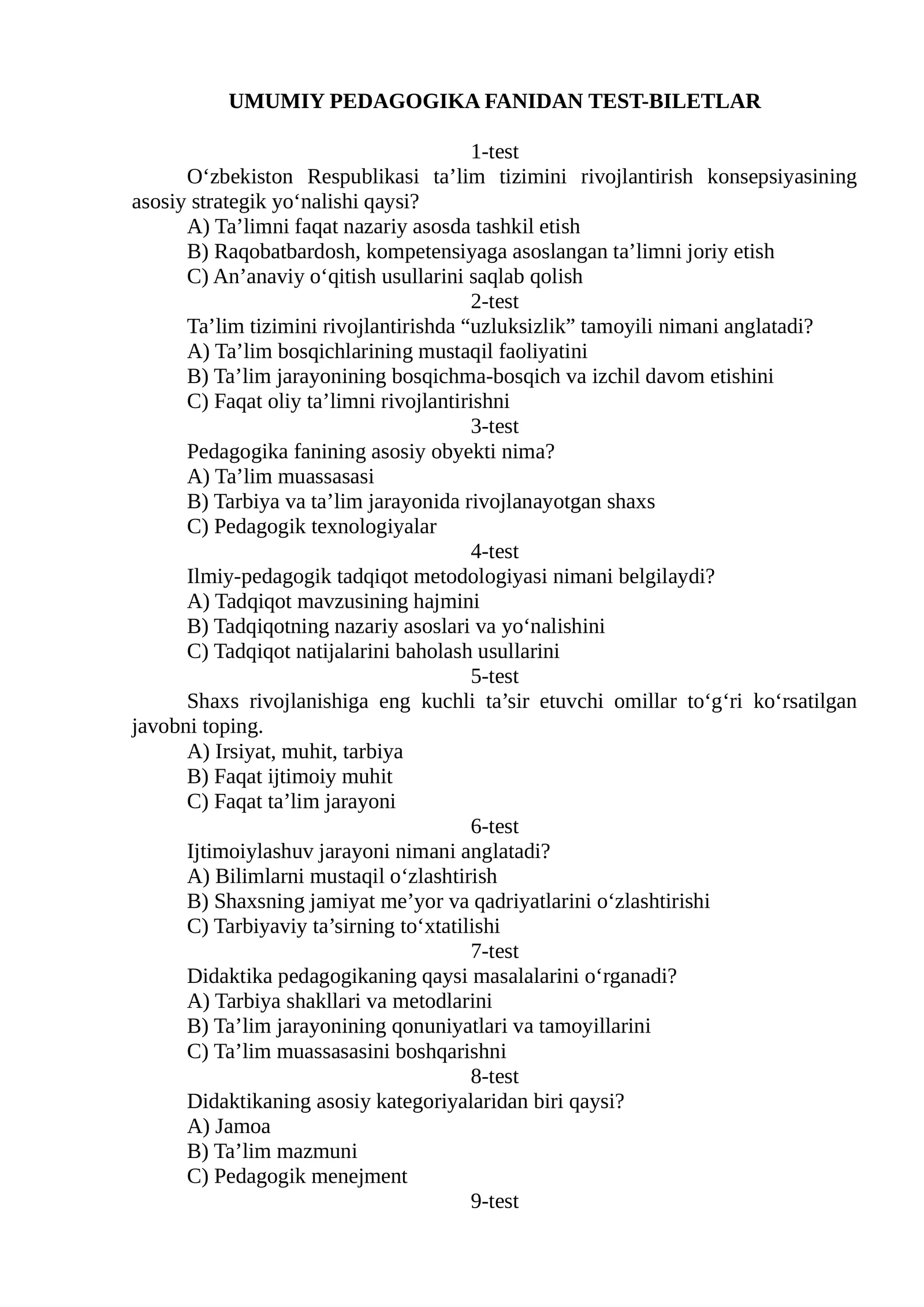 UMUMIY PEDAGOGIKA FANIDAN TEST-BILETLAR