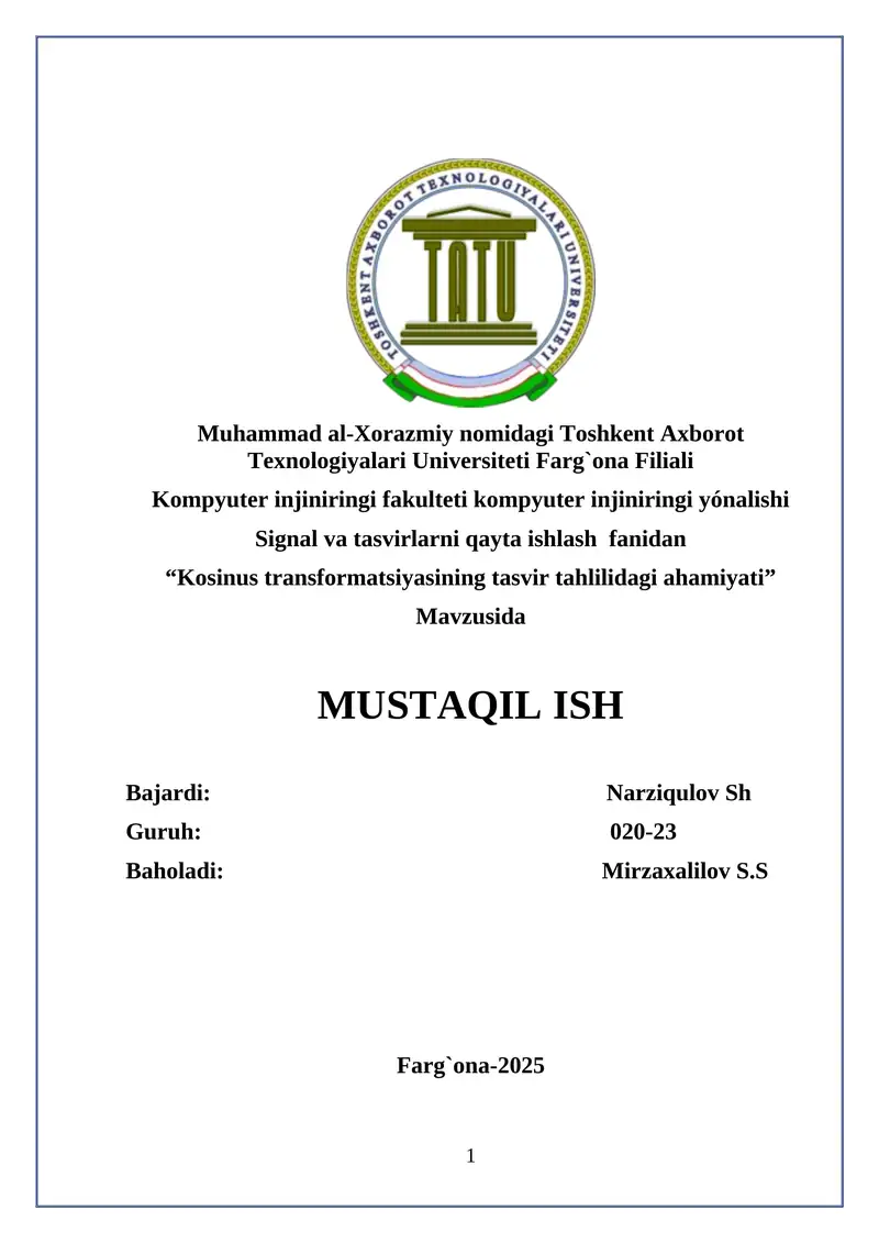 “Kosinus transformatsiyasining tasvir tahlilidagi ahamiyati”