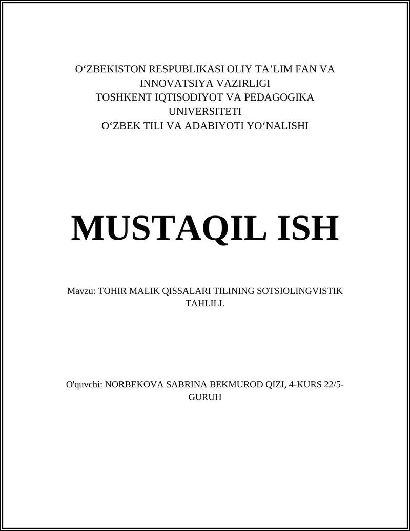 TOHIR MALIK QISSALARI TILINING SOTSIOLINGVISTIK TAHLILI