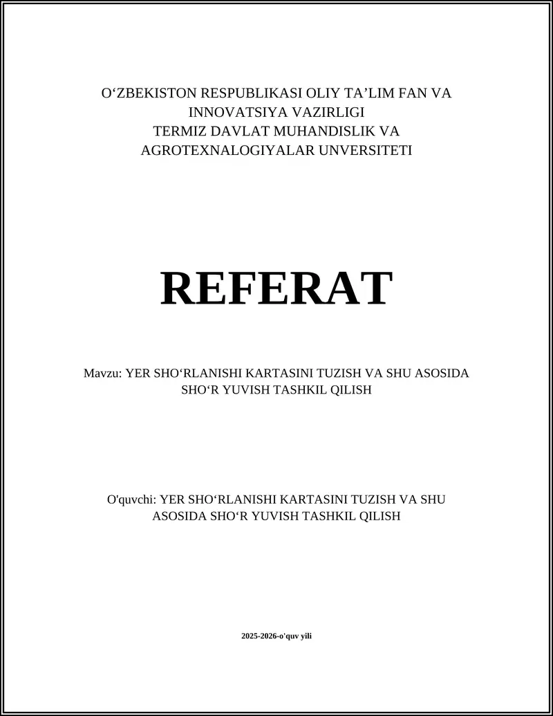 YER SHO‘RLANISHI KARTASINI TUZISH VA SHU ASOSIDA SHO‘R YUVISH TASHKIL QILISH