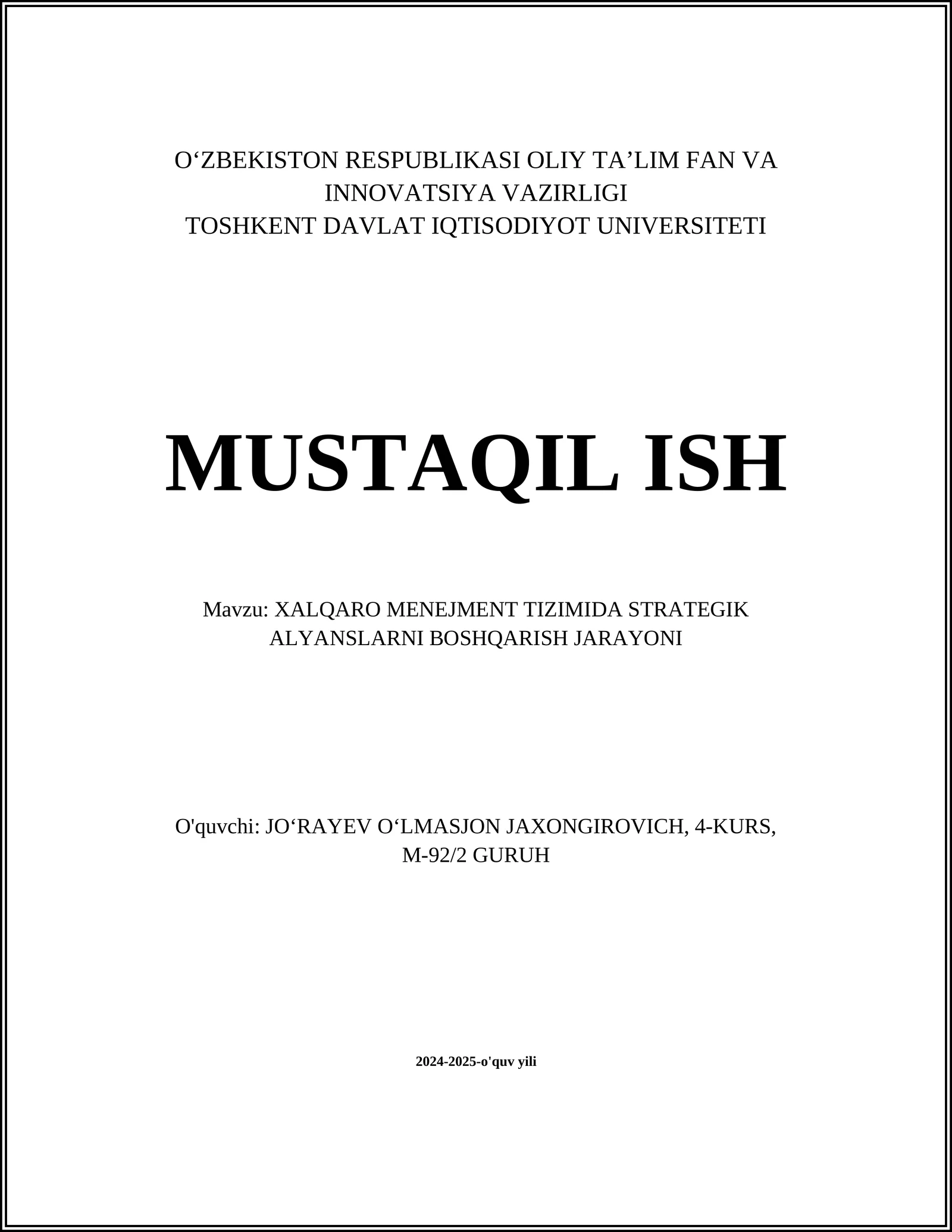 XALQARO MENEJMENT TIZIMIDA STRATEGIK ALYANSLARNI BOSHQARISH JARAYONI