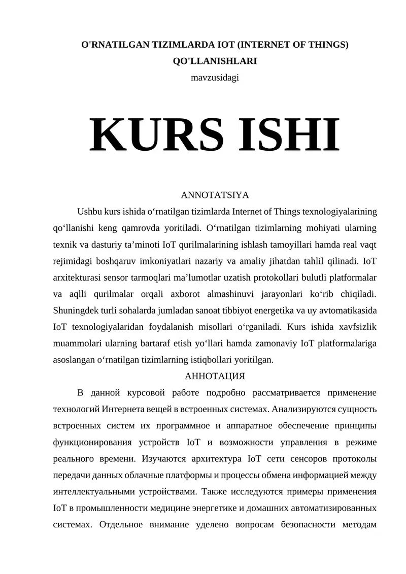 O'RNATILGAN TIZIMLARDA IOT (INTERNET OF THINGS) QO'LLANISHLARI