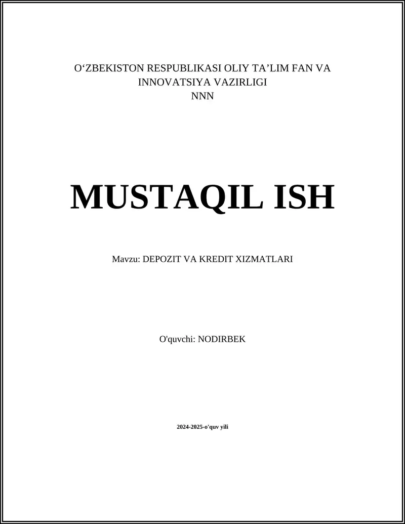 DEPOZIT VA KREDIT XIZMATLARI