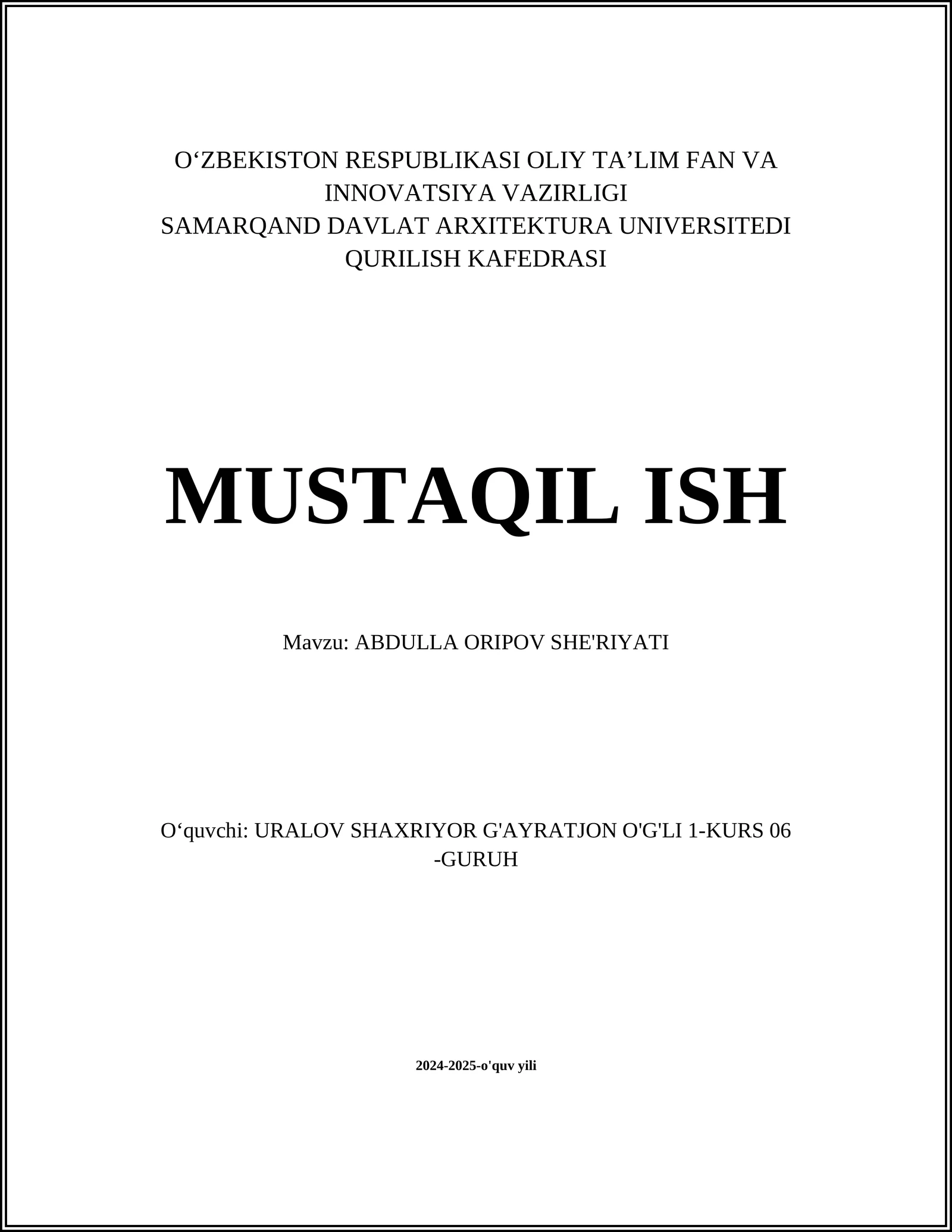 ABDULLA ORIPOV SHE'RIYATI