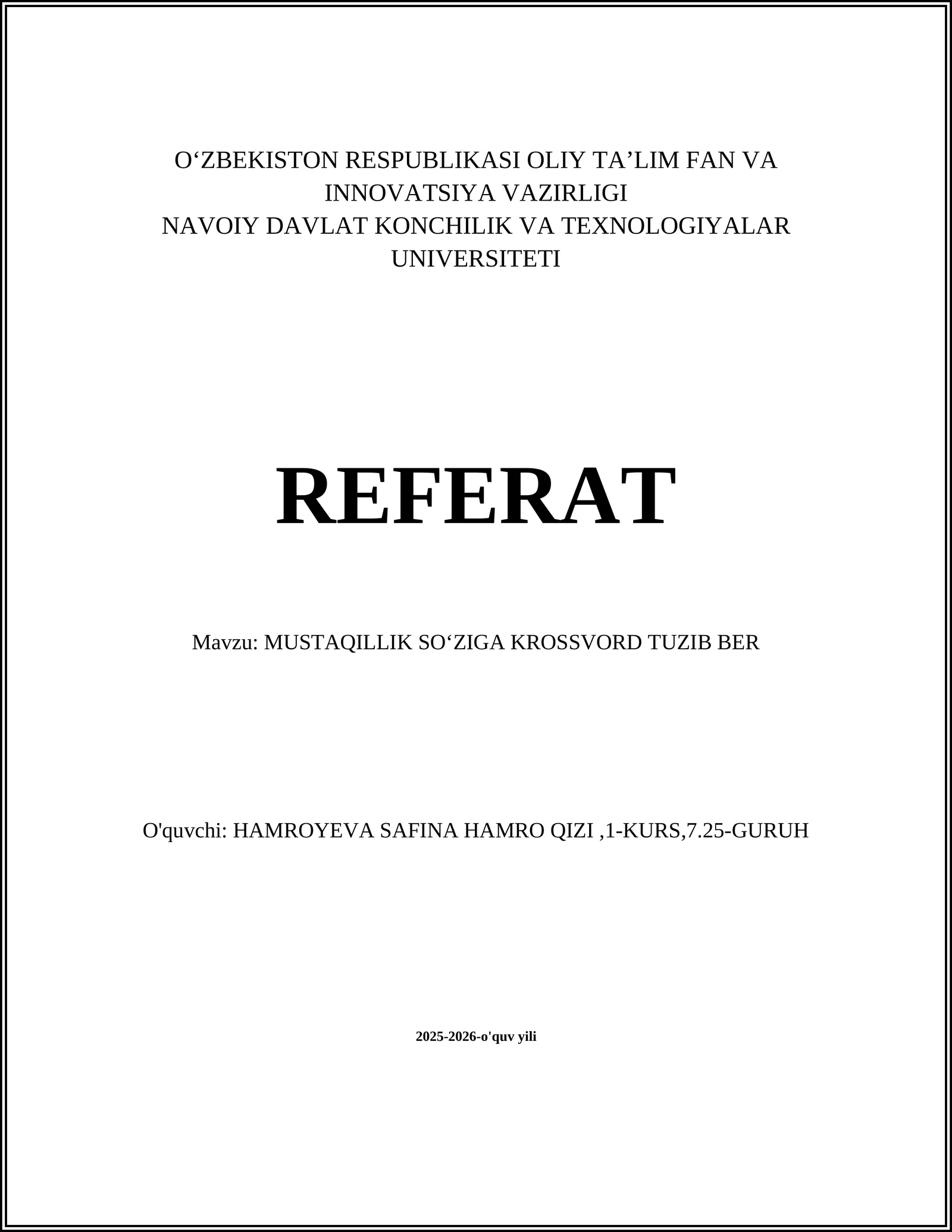 MUSTAQILLIK SOʻZIGA KROSSVORD TUZIB BER