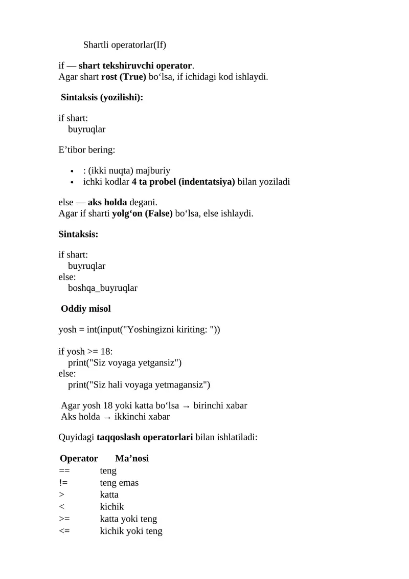 Shartli operatorlar(If)