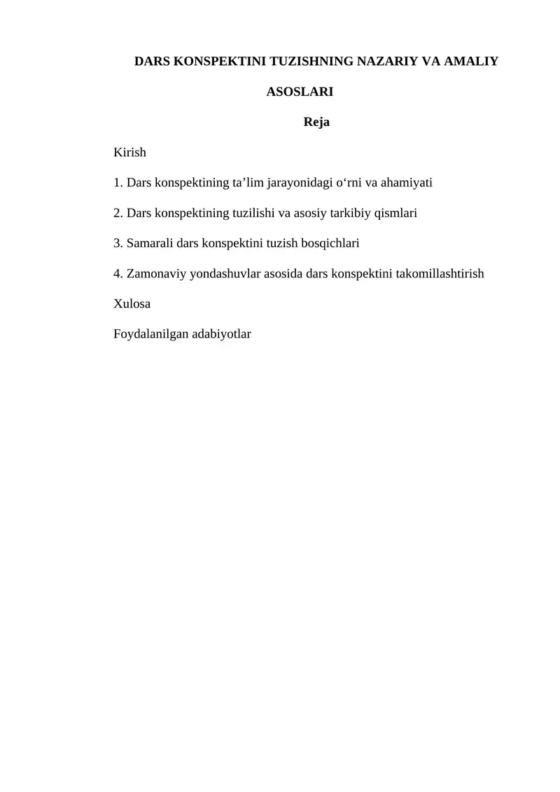DARS KONSPEKTINI TUZISHNING NAZARIY VA AMALIY ASOSLARI