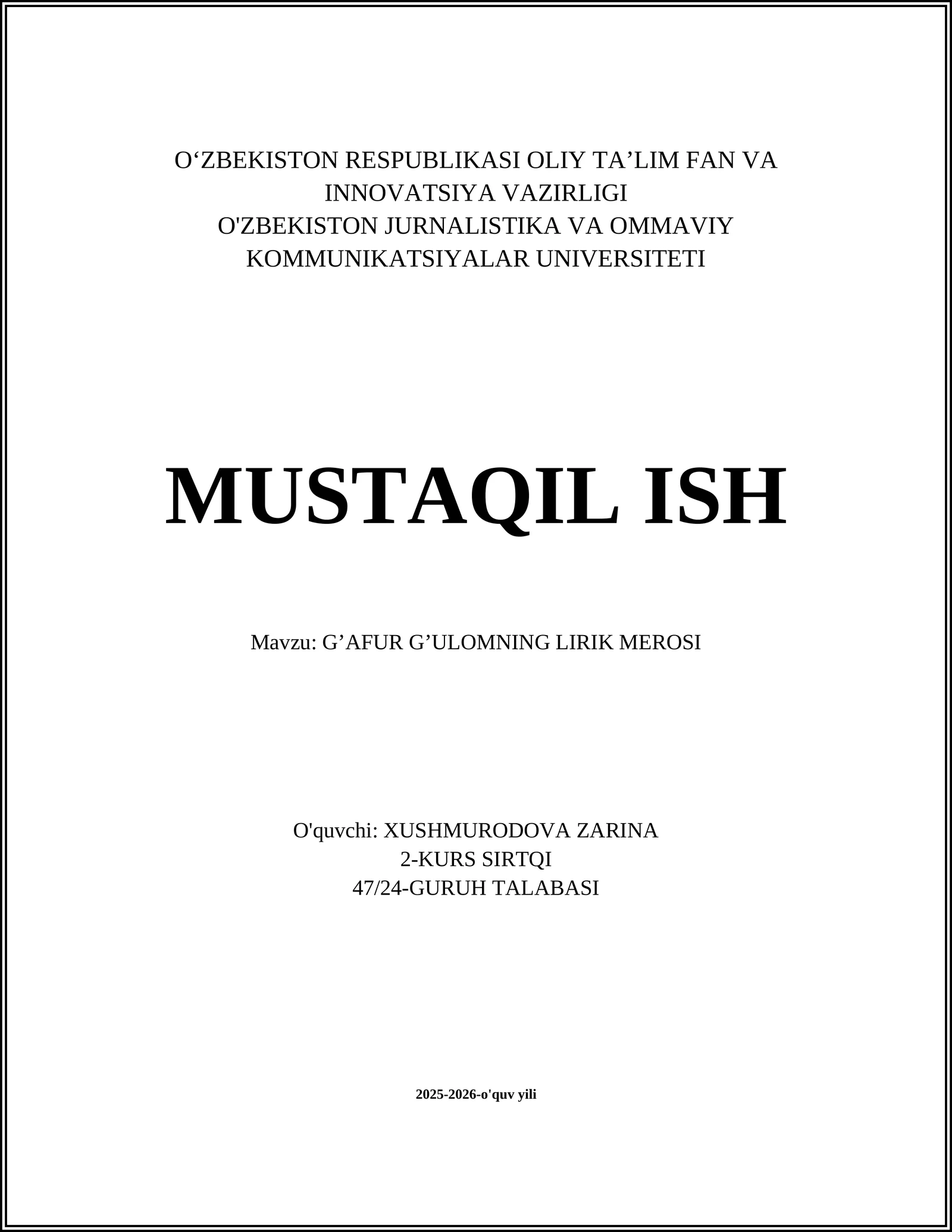 G’AFUR G’ULOMNING LIRIK MEROSI