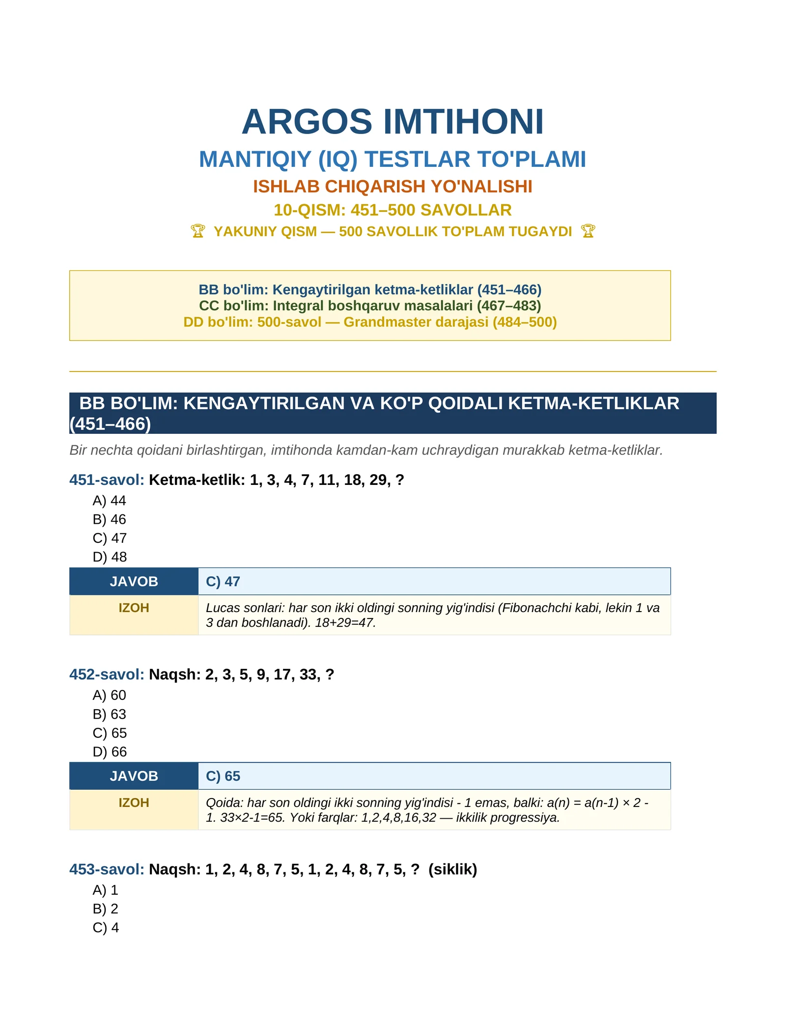 ARGOS IMTIHONI MANTIQIY (IQ) TESTLAR TO'PLAMI