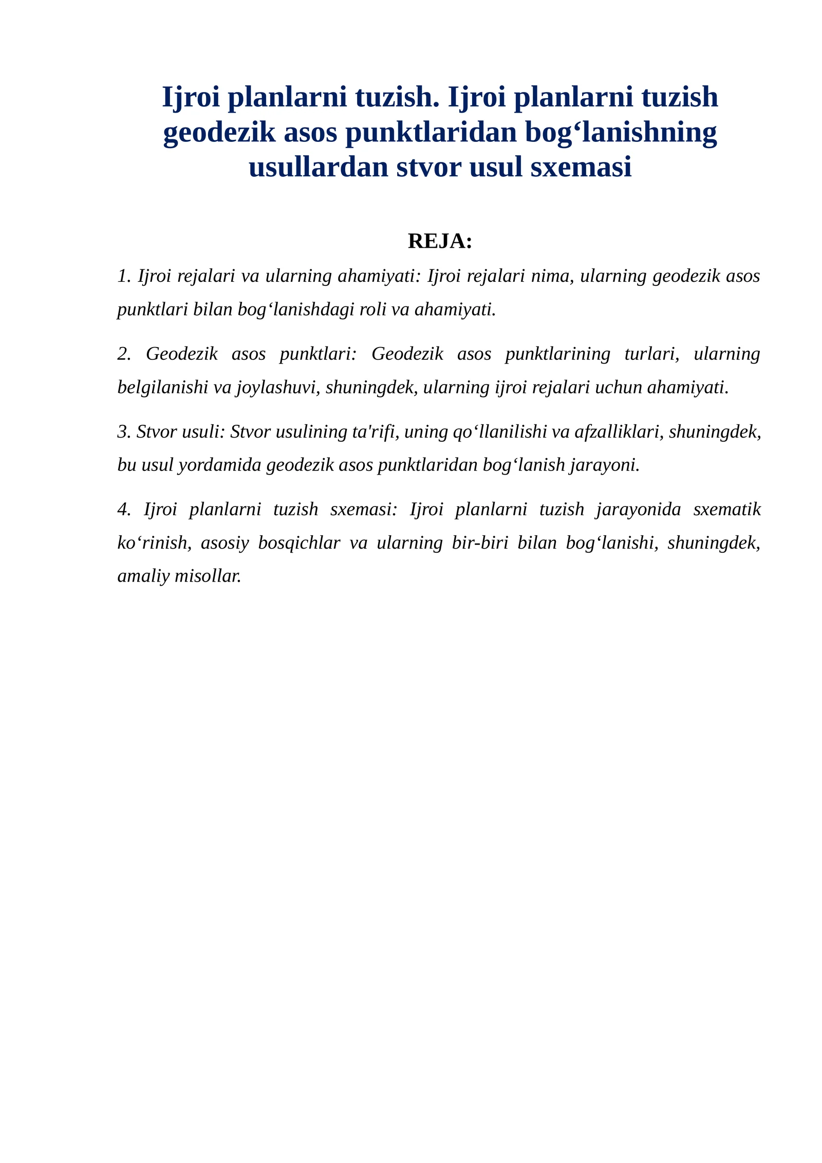 Ijroi planlarni tuzish. Ijroi planlarni tuzish geodezik asos punktlaridan bogʻlanishning usullardan stvor usul sxemasi