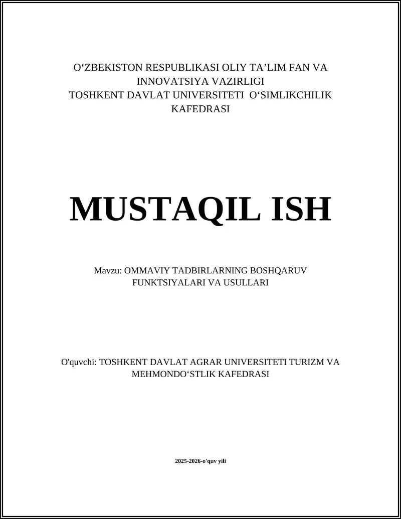 OMMAVIY TADBIRLARNING BOSHQARUV FUNKTSIYALARI VA USULLARI