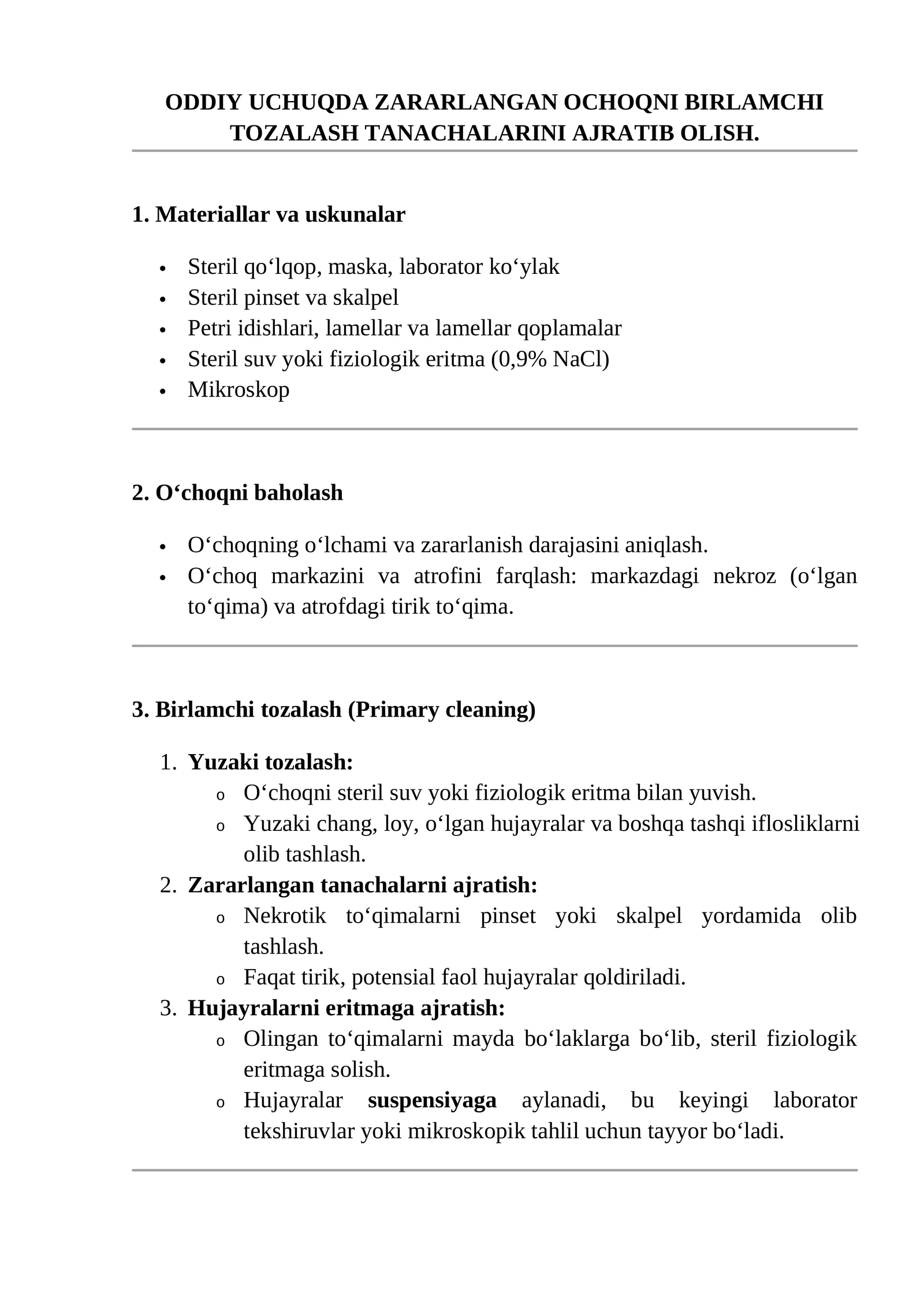 O‘choqni birlamchi tozalash tanachalarini ajratib olish