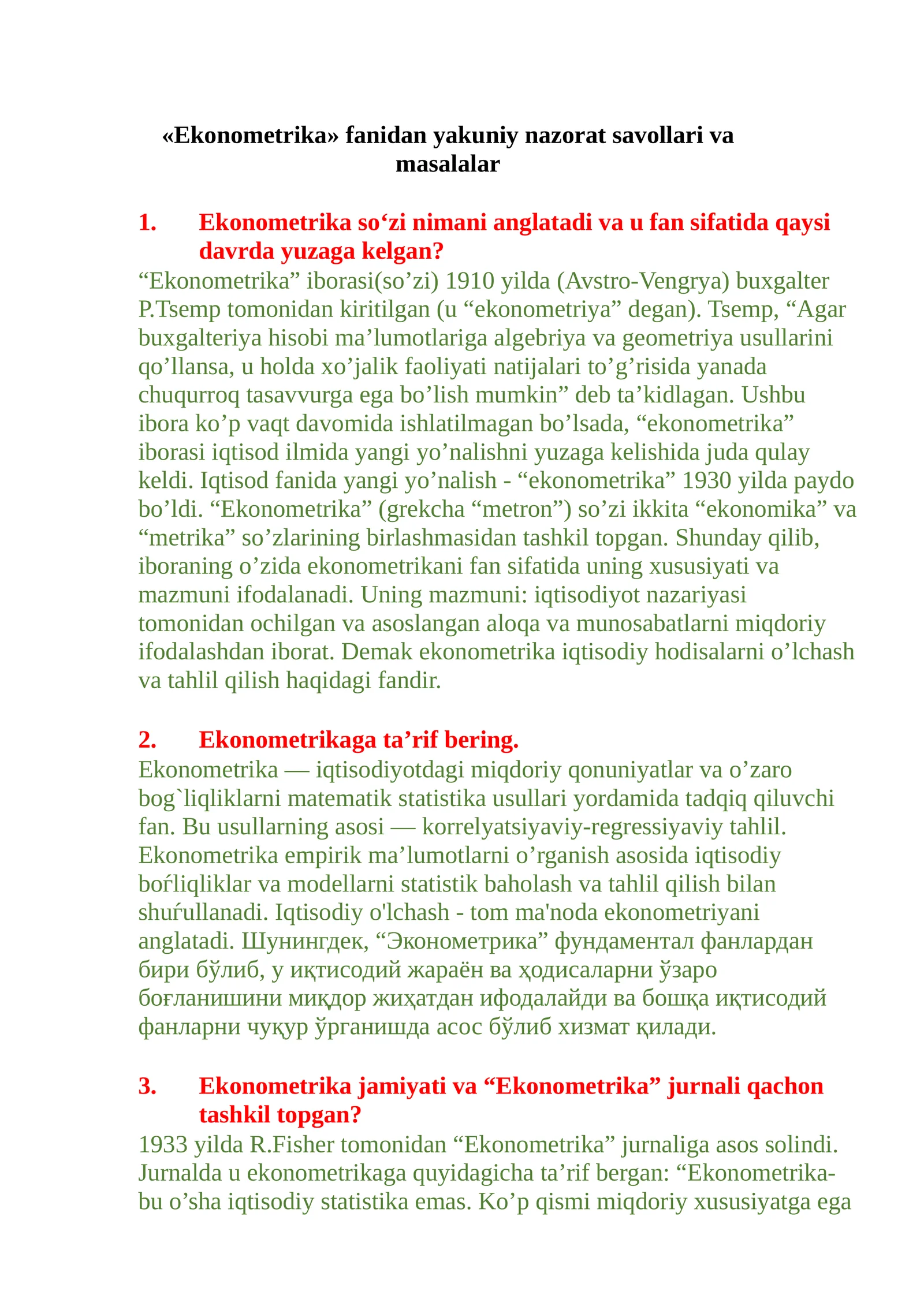 Ekonometrika Yakuniy nazorat