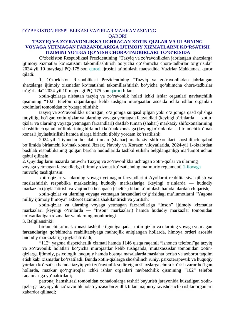 TAZYIQ VA ZO‘RAVONLIKKA UCHRAGAN XOTIN-QIZLAR VA ULARNING VOYAGA YETMAGAN FARZANDLARIGA IJTIMOIY XIZMATLARNI KO‘RSATISH TIZIMINI YO‘LGA QO‘YISH CHORA-TADBIRLARI TO‘G‘RISIDA