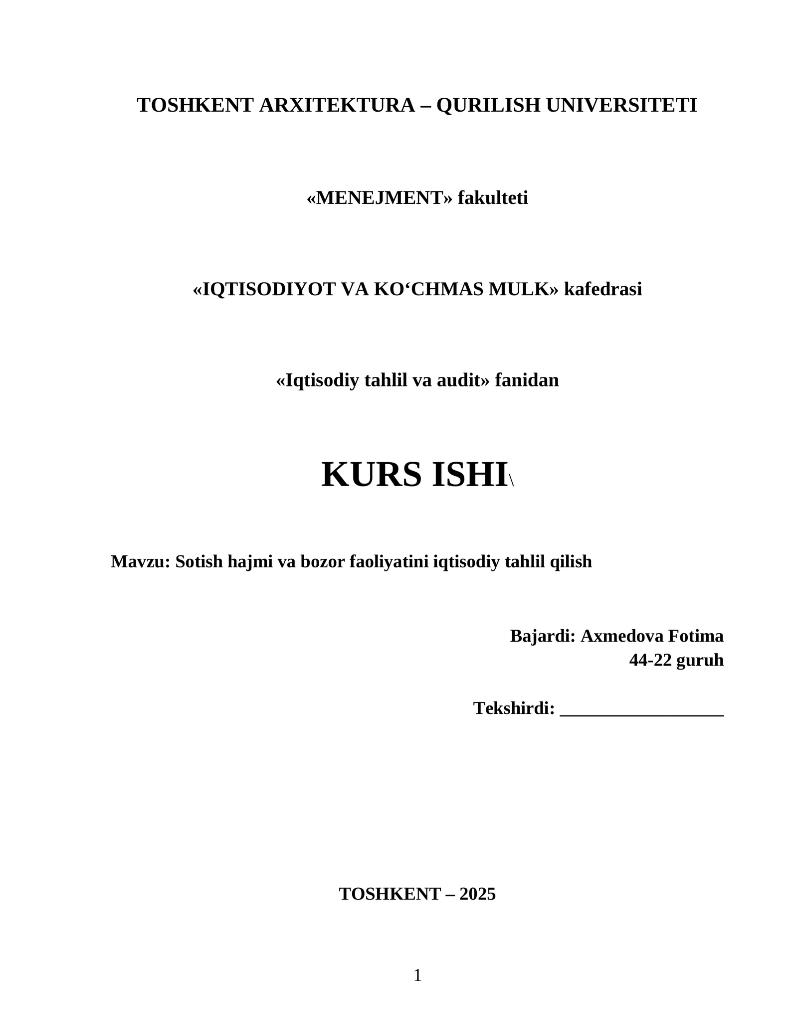 Sotish hajmi va bozor faoliyatini iqtisodiy tahlil qilish