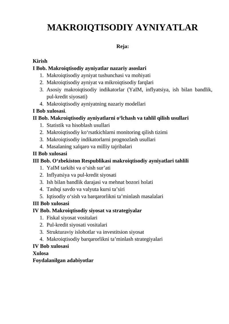 MAKROIQTISODIY AYNIYATLAR