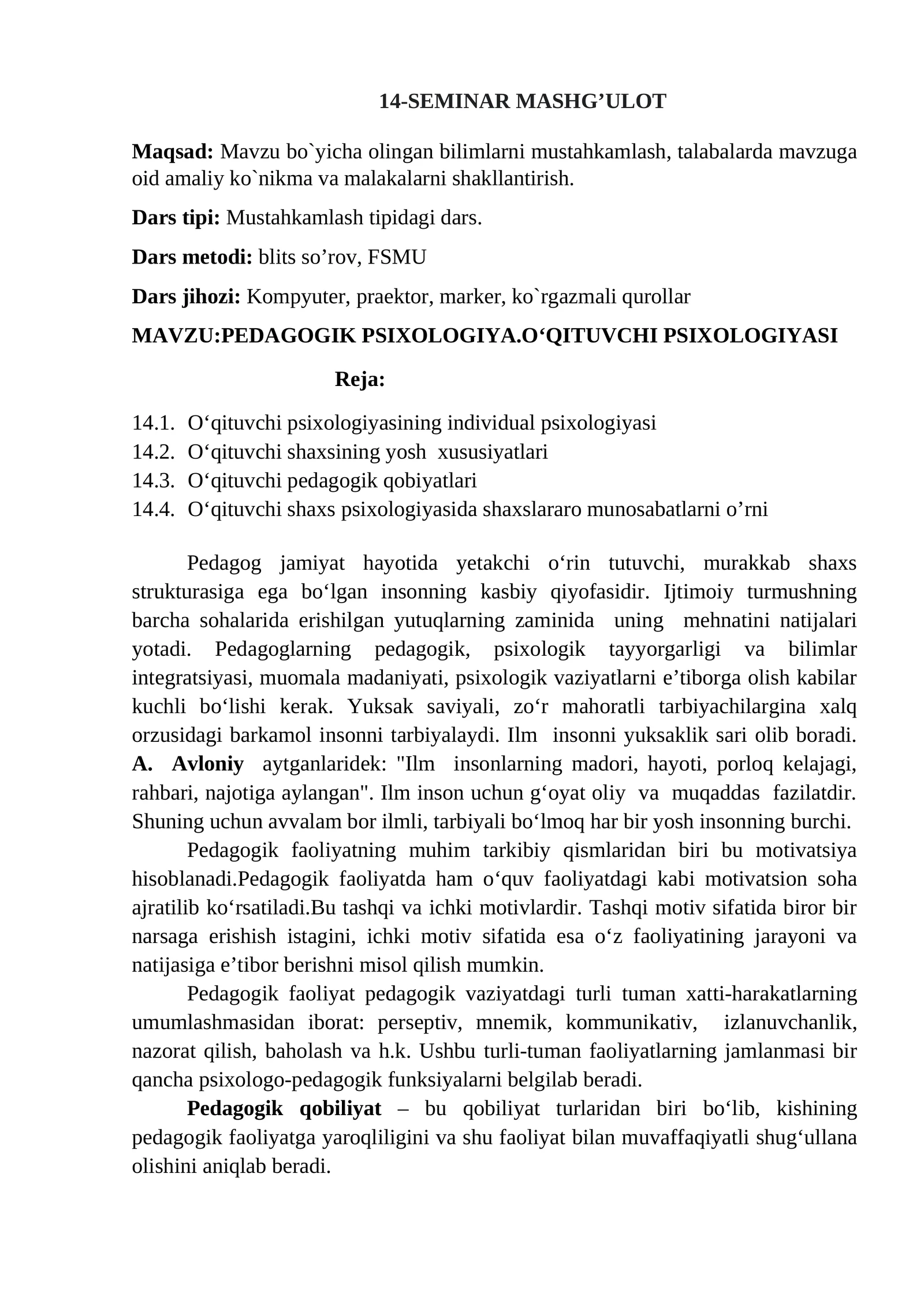 O‘QITUVCHI PSIXOLOGIYASI